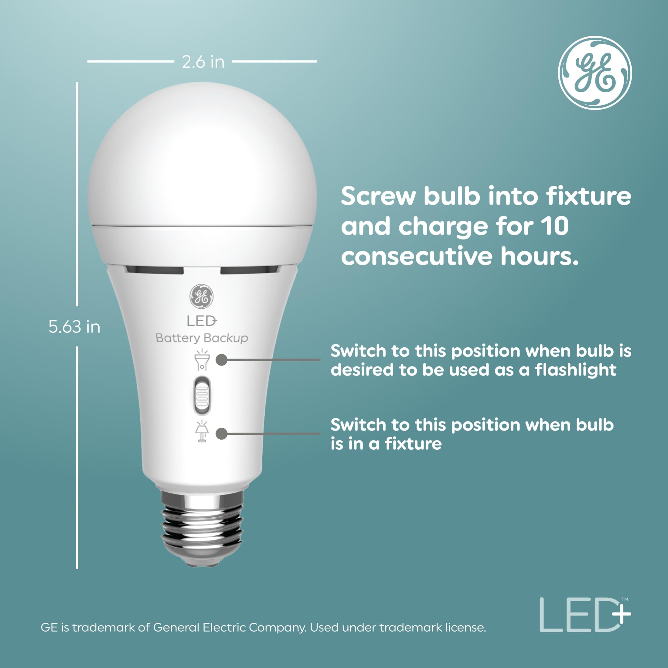 GE LED+ Rechargeable Emergency Light Bulb, 2 Pack A21 Standard, ABS Material for Power Outages, Model 93130526