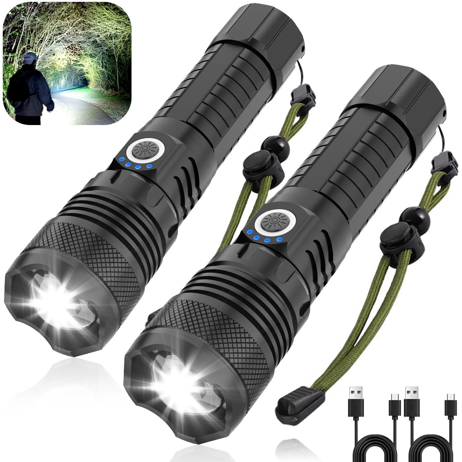 Victoper LED Flashlights 2 Pack, 10000 Lumens, Rechargeable, Waterproof, Zoomable, Black, Model VT-FLV3000