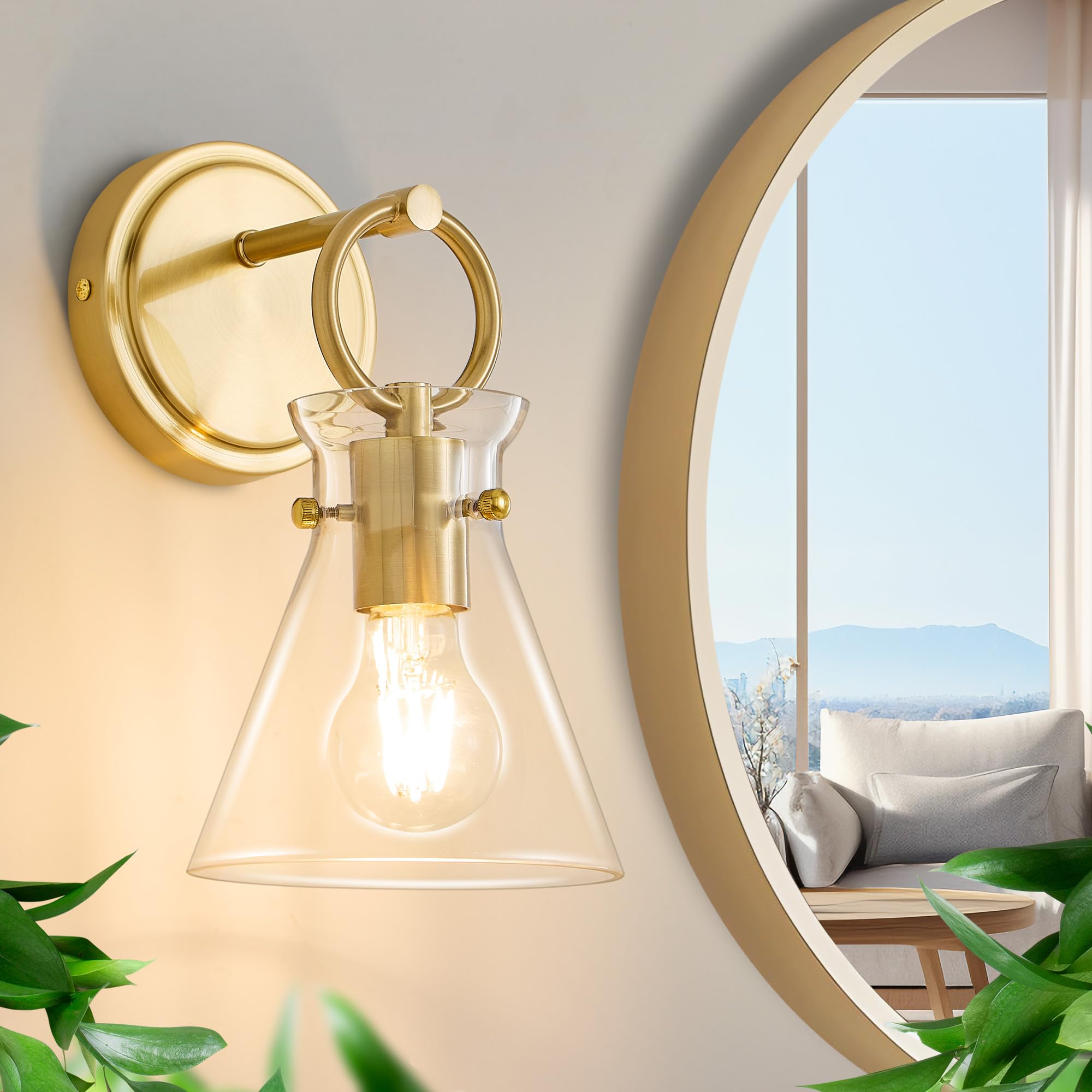 Gold Wall Sconce 1-Light Hardwired Wall Mount Modern Farmhouse Vanity Light Fixtures With 6 Inch Clear Glass Shade  Wall Lights For Bathroom  Bedroom  Living Room  Mirror  Kitchen  Lighting Lamp