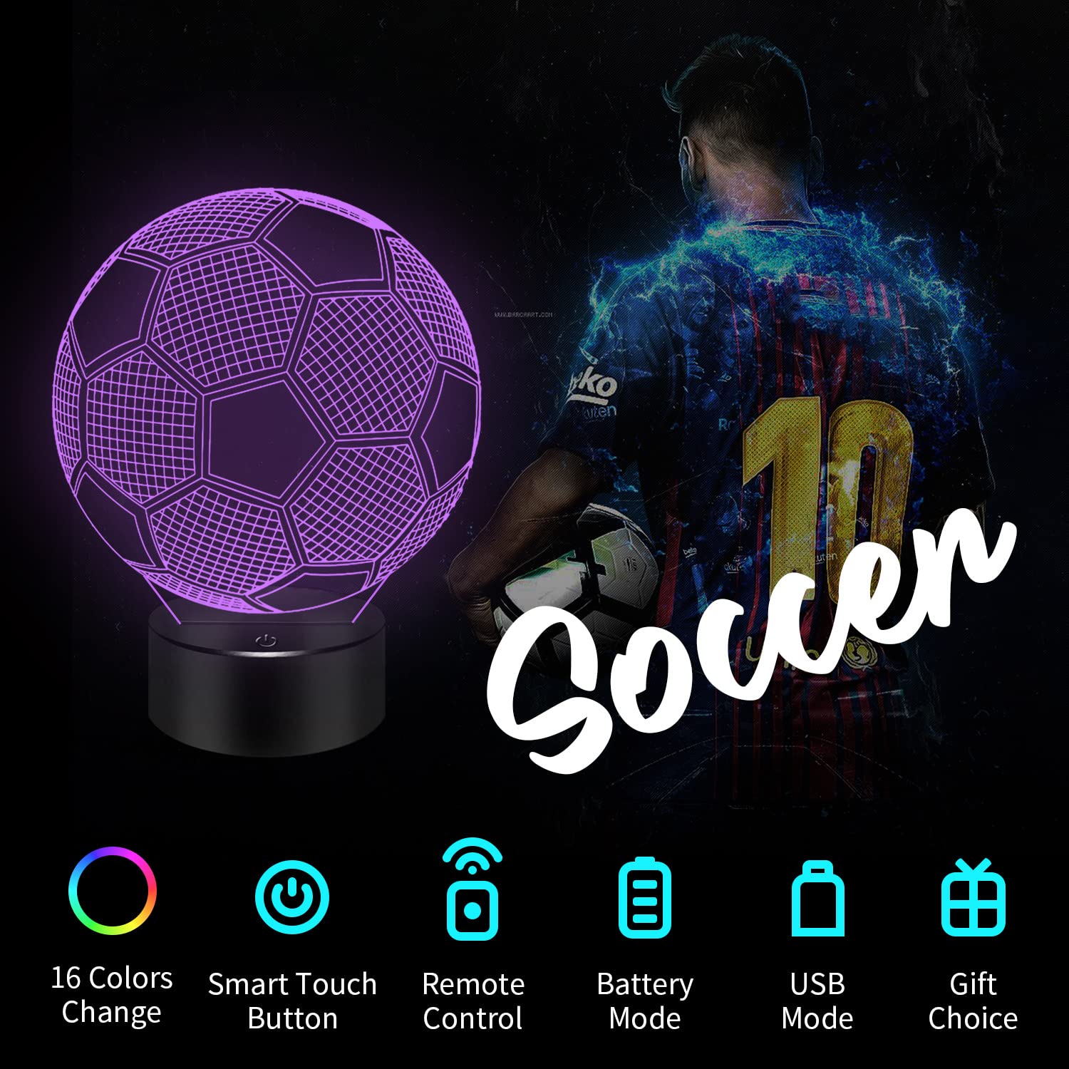 Bassi Soccer Gifts 3D Night Light,16 Colors Changing Touch/Remote Contro, Soccer 3D Illusion Lamp, Birthday Christmas Gifts For