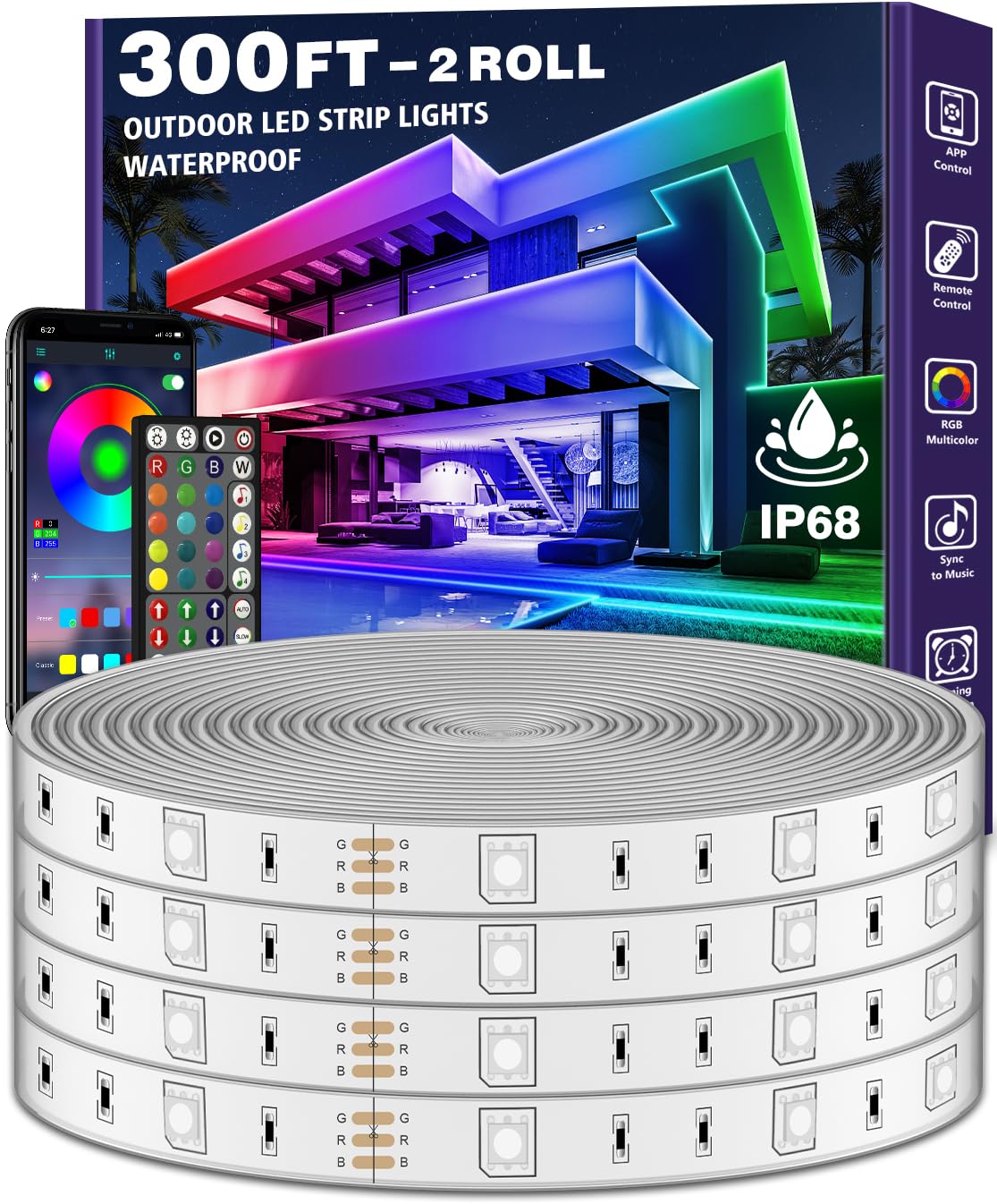300ft Waterproof LED Strip Lights with Bluetooth App, RGB Exterior Rope Lights for Balcony, Deck, Roof, Pool - IP68, Self-Adhesi