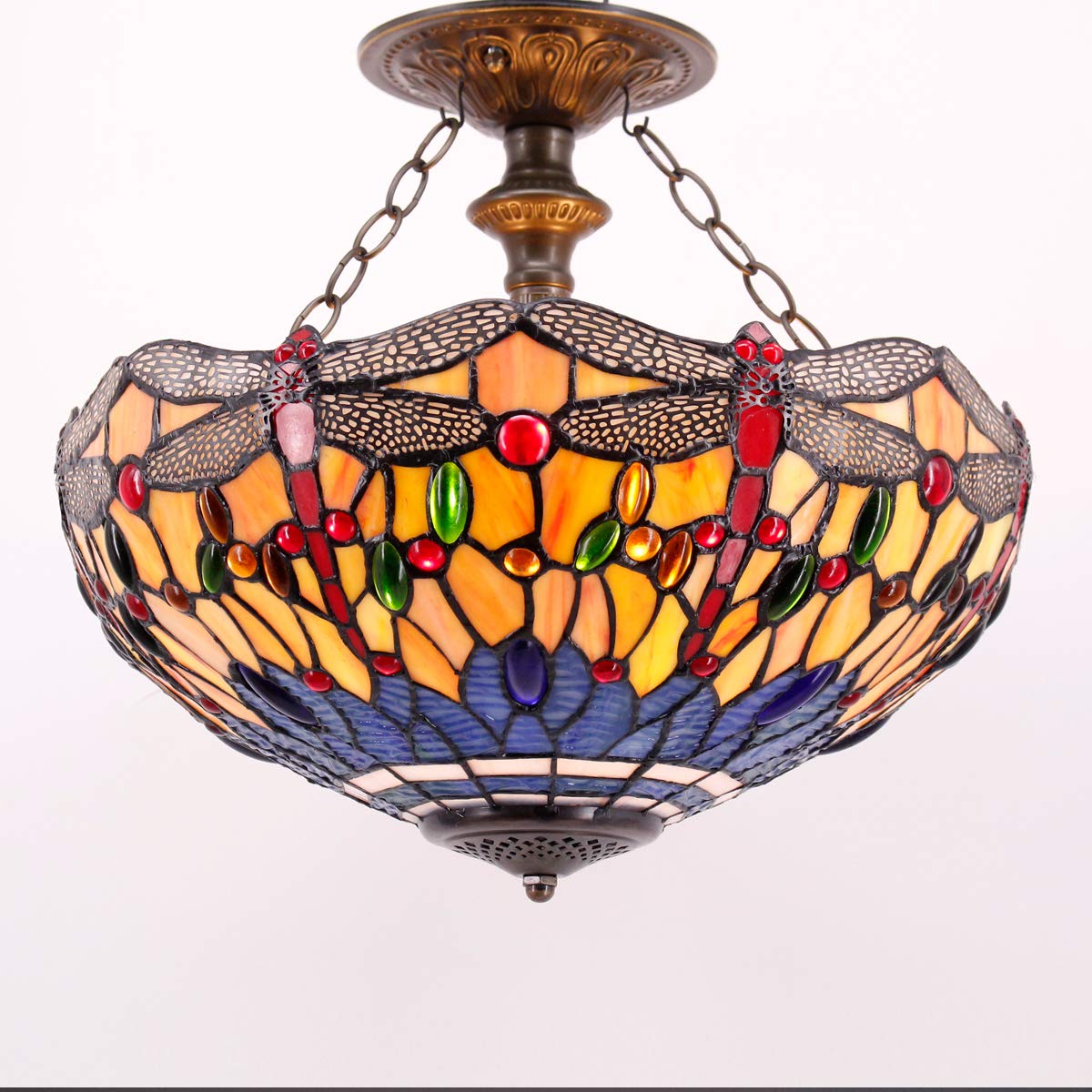 WERFACTORY Tiffany Ceiling Light Fixture, Stained Glass Dragonfly, 16in Wide, 15in Height, Orange Blue, S168 Series, Semi Flush Mount Lamp
