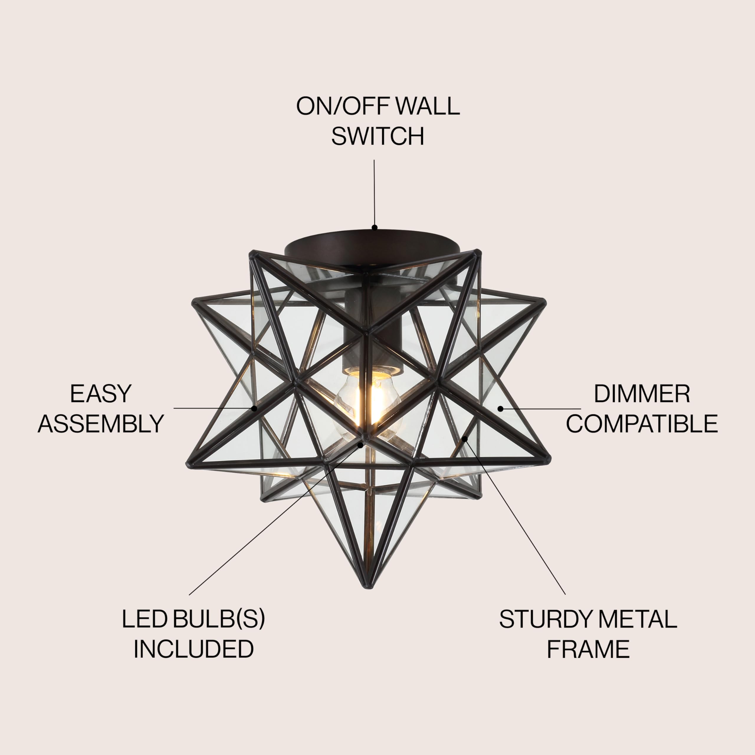 Jonathan Y Jyl9035A Stella 12'' Moravian Star Metal/Glass Led Flush Mount Contemporary Dimmable, For Kitchen,Hallway,Bathroom,St
