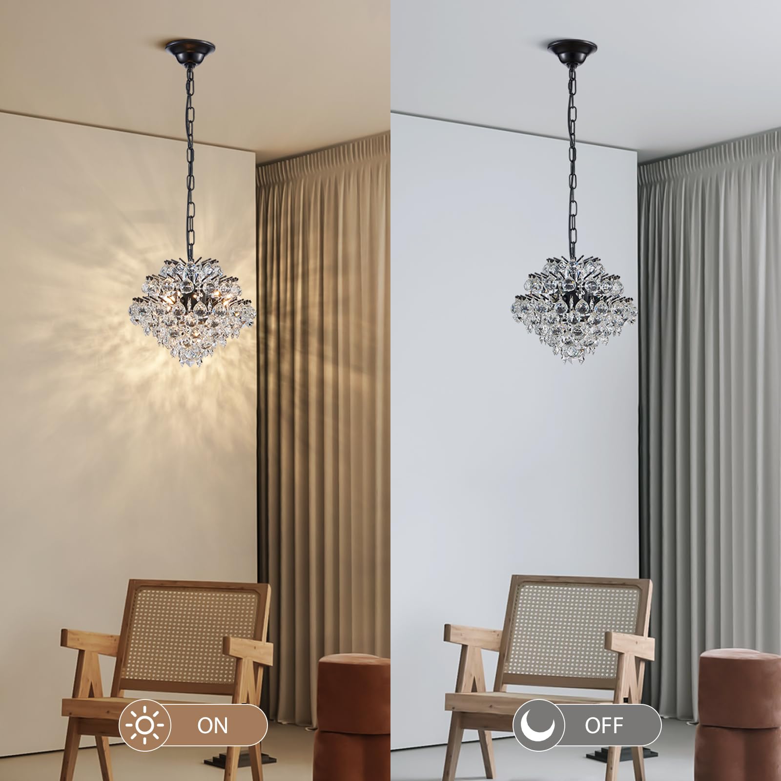 Bestier Black Modern Pendant Chandelier, Crystal Raindrop, D11" x H12", 4 G9 Bulbs, Ceiling Light Fixture for Dining Room, Bathroom, Bedroom, Living Room
