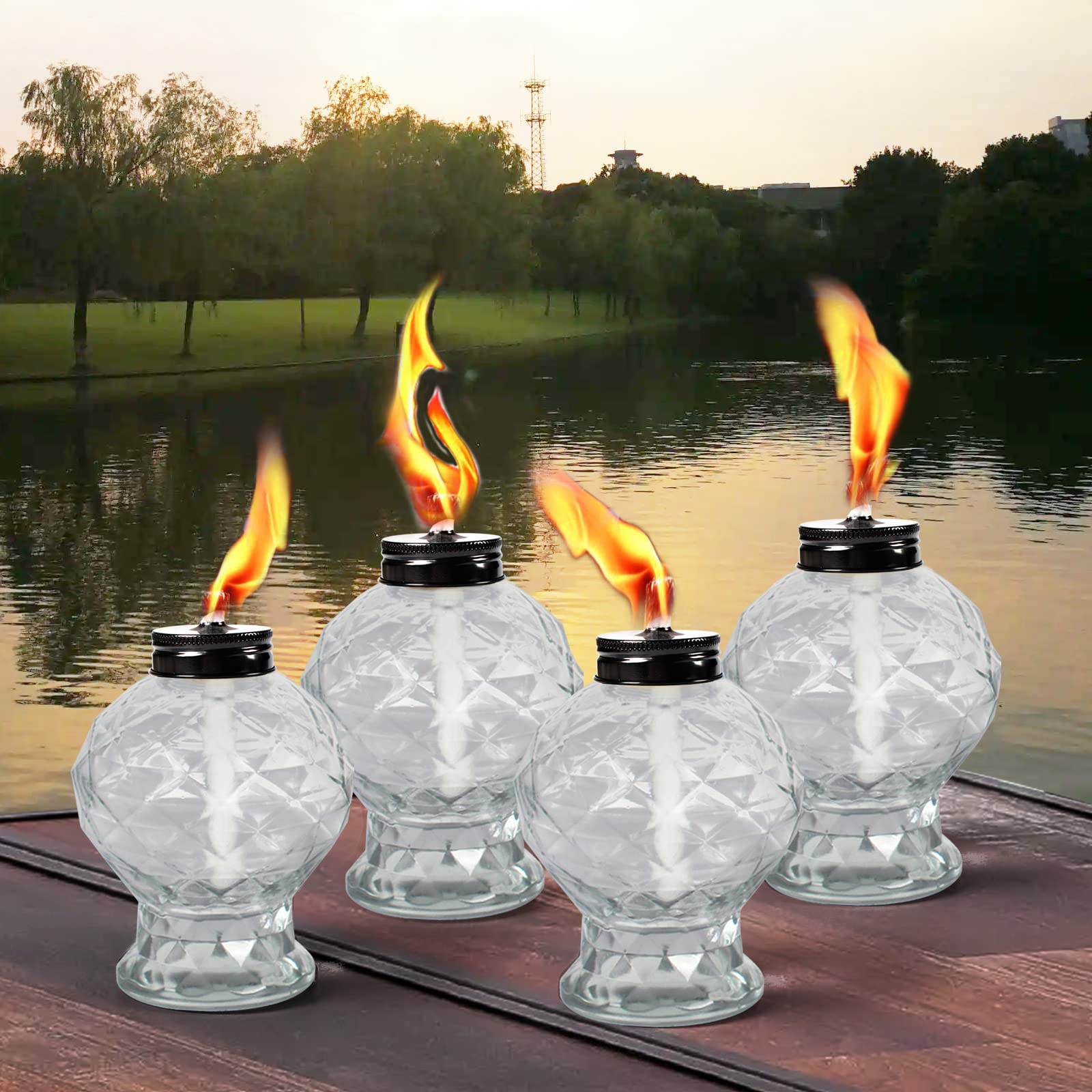 Dikaida 4 Pack Glass Table Torches, Citronella Table Top Torches With Wick And Cap For Outdoor, Refillable Landscape Lanterns Fo