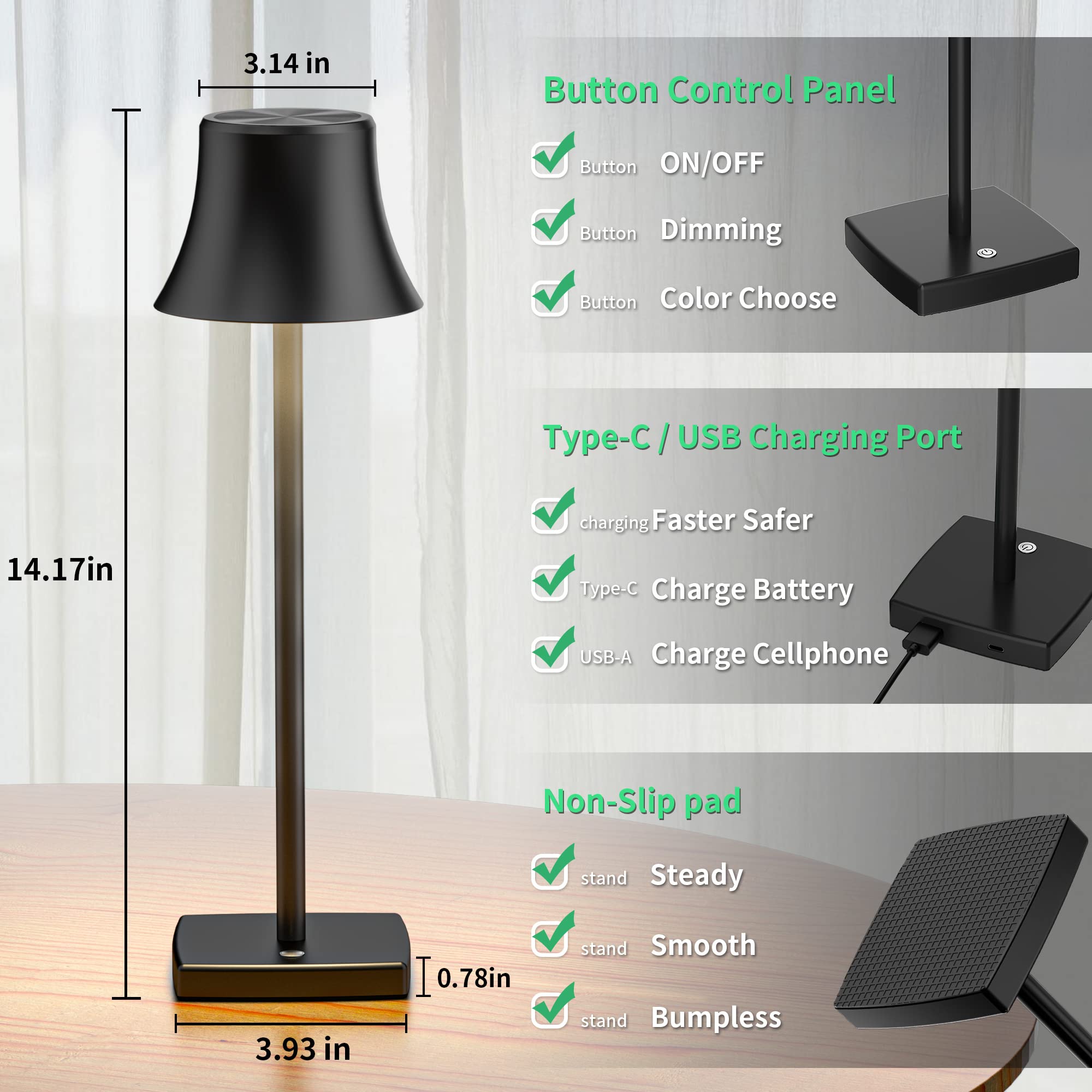 SAKRINGT 2 Pack LED Cordless Table Lamps, 5000mAh, 3 Color Dimming, Aluminum, Black, Model S807