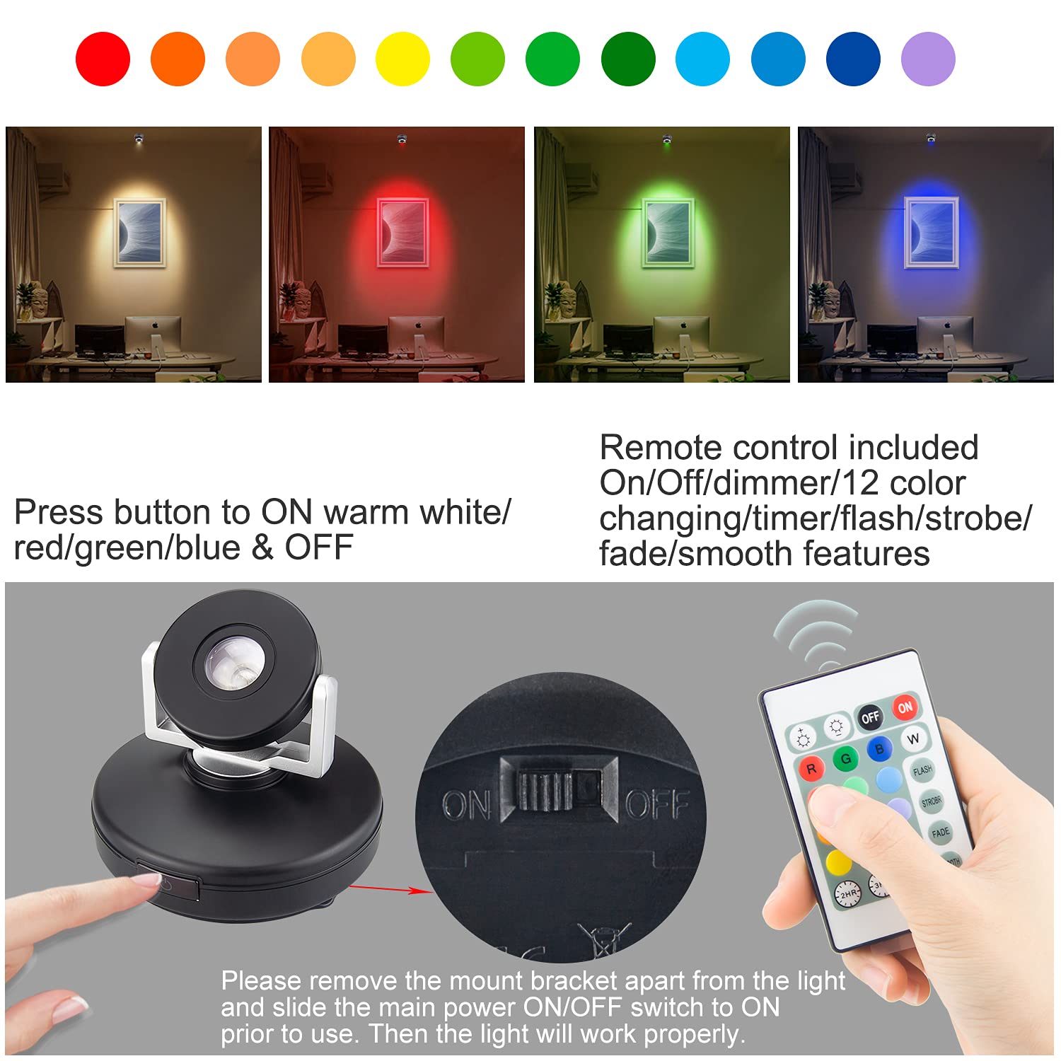 Luxsway Accent Light With Rechargeable Wireless Spotlights With Remote Dimmable Picture Spotlight 12 Color Changing Puck Light S