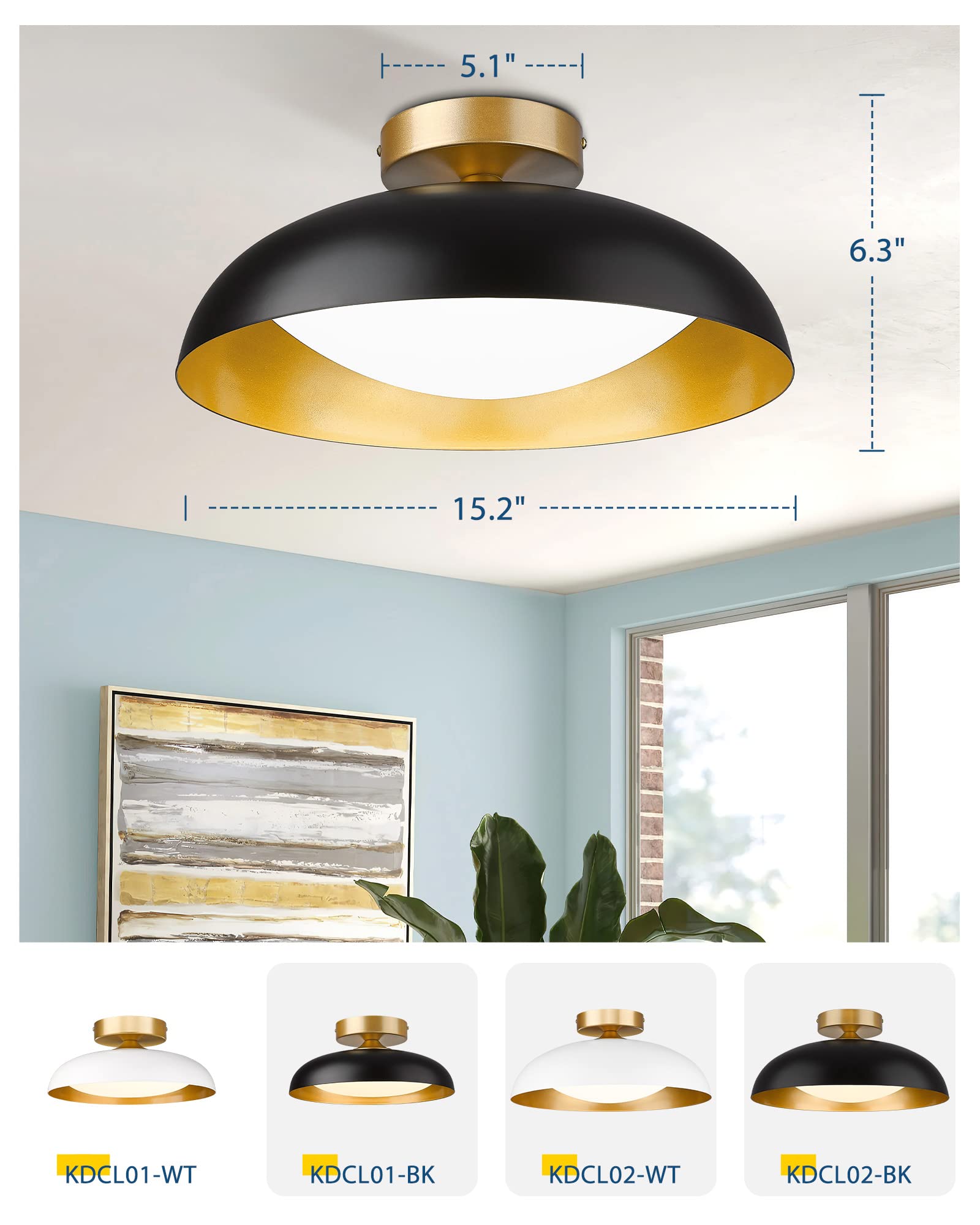 Kudos Flush Mount Ceiling Light, 16-Inch Led Ceiling Light Fixture, Black And Gold Finish, 24W 2400Lm Light Fixtures For Living Room, Kitchen, Bedroom, Hallway, 5Cct Adjustable, Kdcl02-Bk