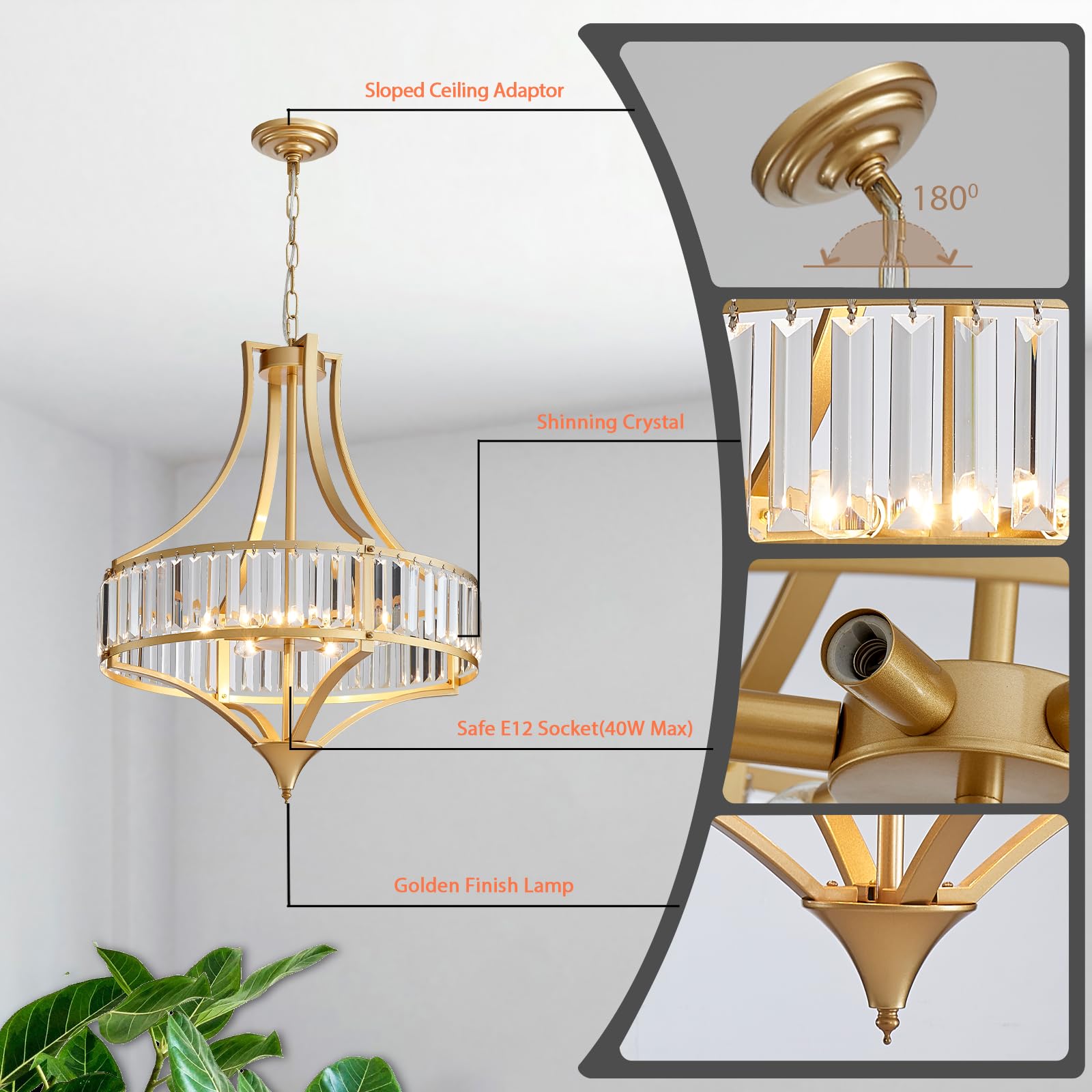 Majhoiw 21.6" Gold Crystal Chandelier - 6-Light Modern Dining Room Fixture for Kitchen, Hallway, Bedroom, Foyer - Model MJ032-NEW-GD