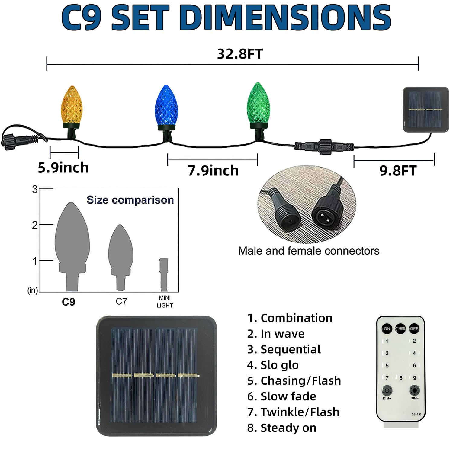 Anycosy Solar Christmas Lights, 32.8Ft 50 Led C9 Christmas String Lights With Timing Function Waterproof And Connectable Plug Fo