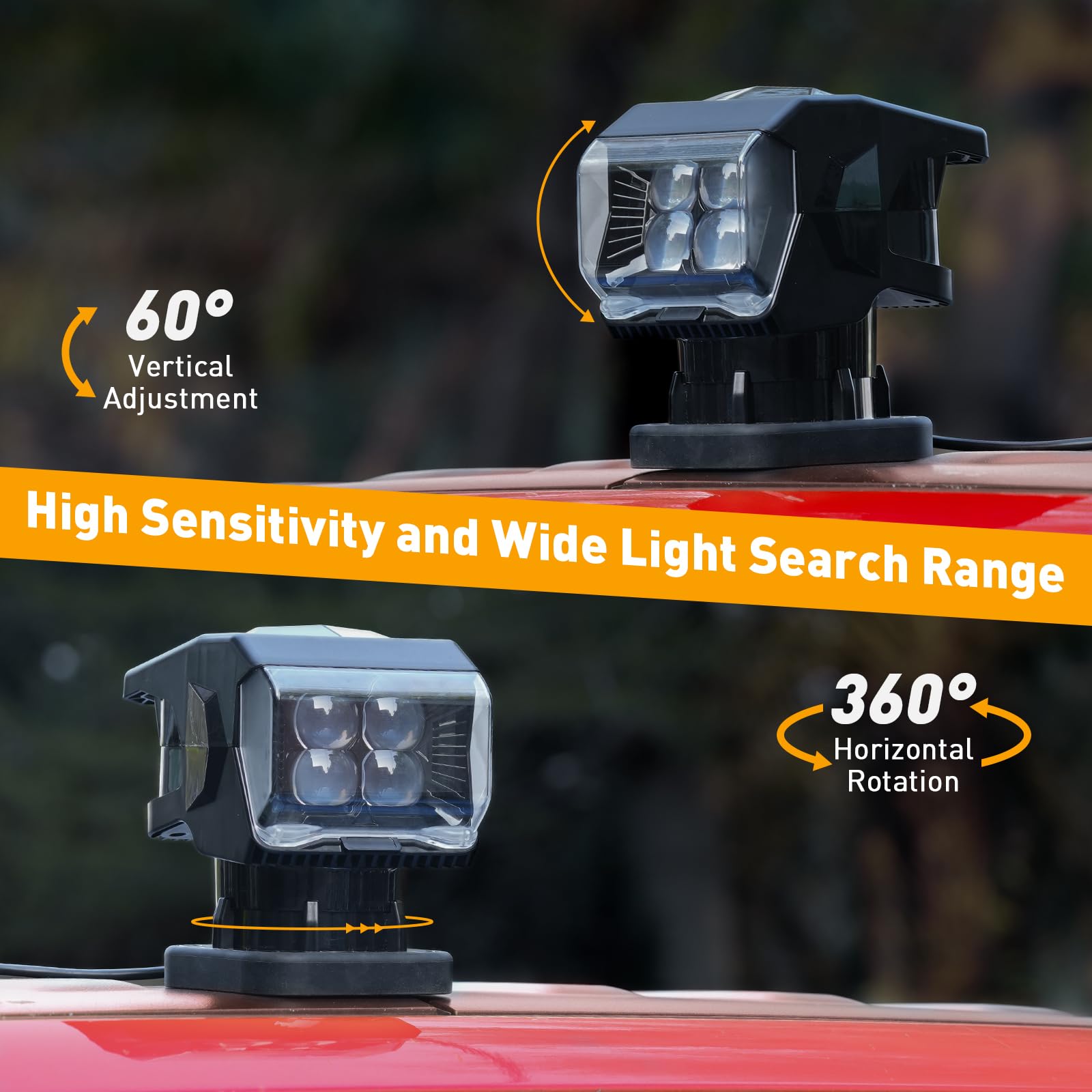 BORDAN 50W Remote Control LED Spotlight, 360° Rotating Searchlight for Trucks, 12V/24V, Black, Model CR069, Strong Magnetic Base