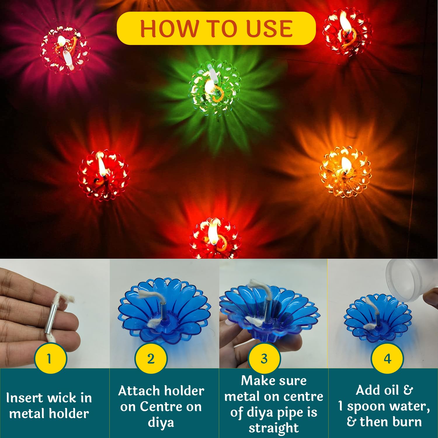CraftVatika Diyas for Diwali Decoration Item for Home Decor 12 Designer Transparent Diya Deepak 3D Floating Reflection Colourful