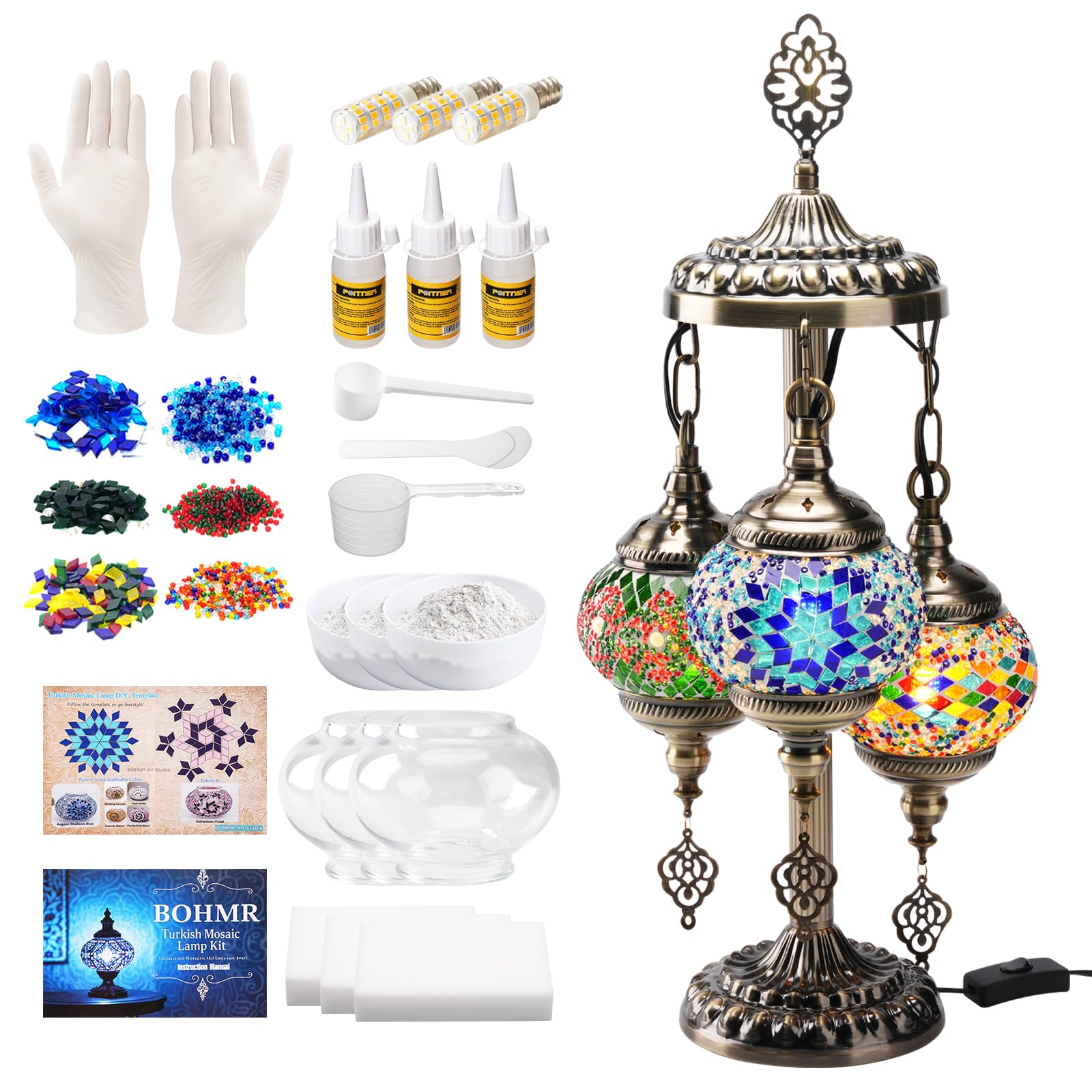 BOHMR DIY 3 Globe Turkish Mosaic Lamp Kit  23H Stained Glass Table Lamp Making Kit-Easy & Fun  No Experience Needed  Mosaic Art & Craft Project Kits for For Mature Userss & Teens  Make Your Own Lamp  Multicolor