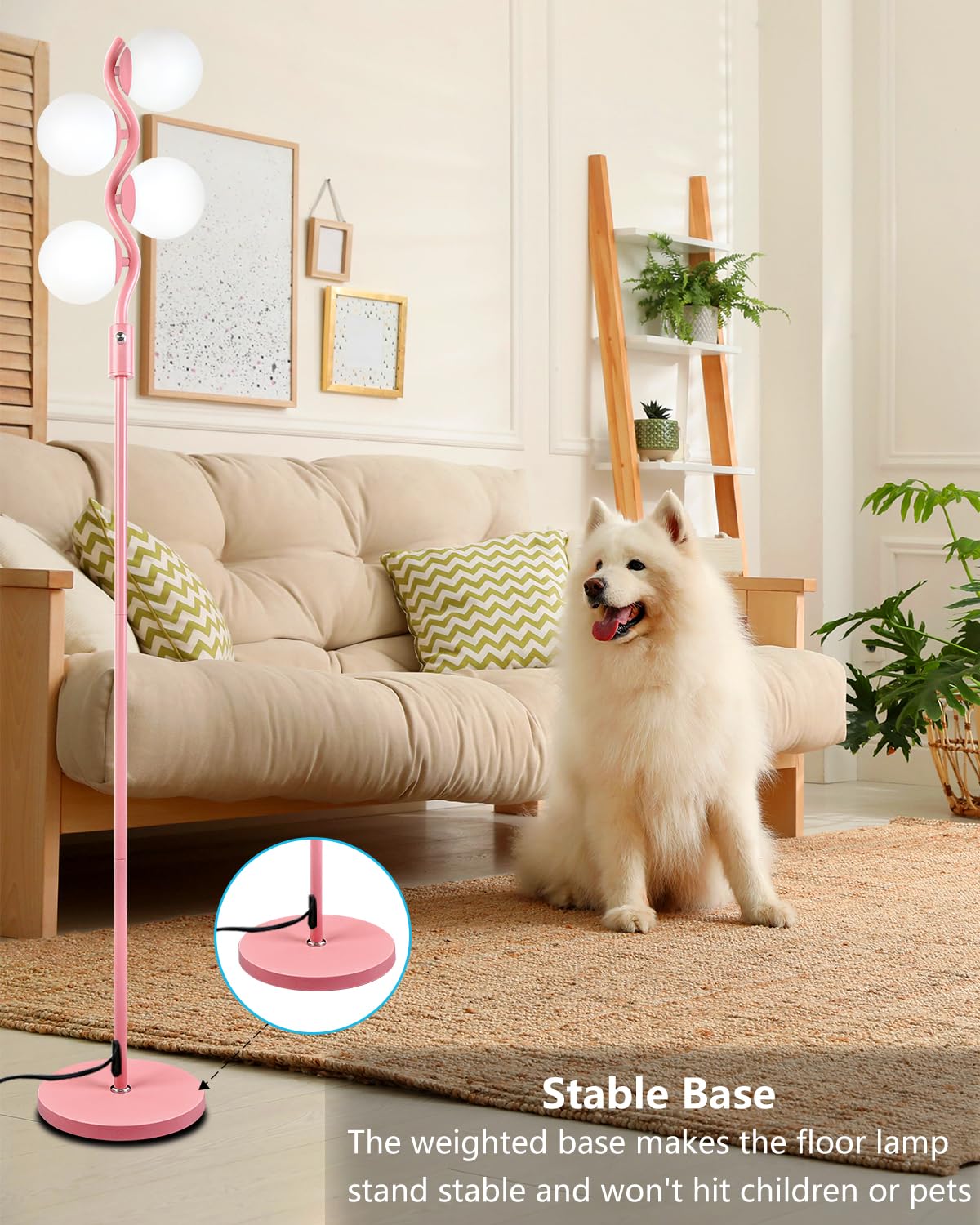Lightdot 64In Dimmable Globe Floor Lamp, Pink Standing Lamps With 4Pcs 3000K G9 Bulbs Soft Warm White Eye Care, Mid Century Mode