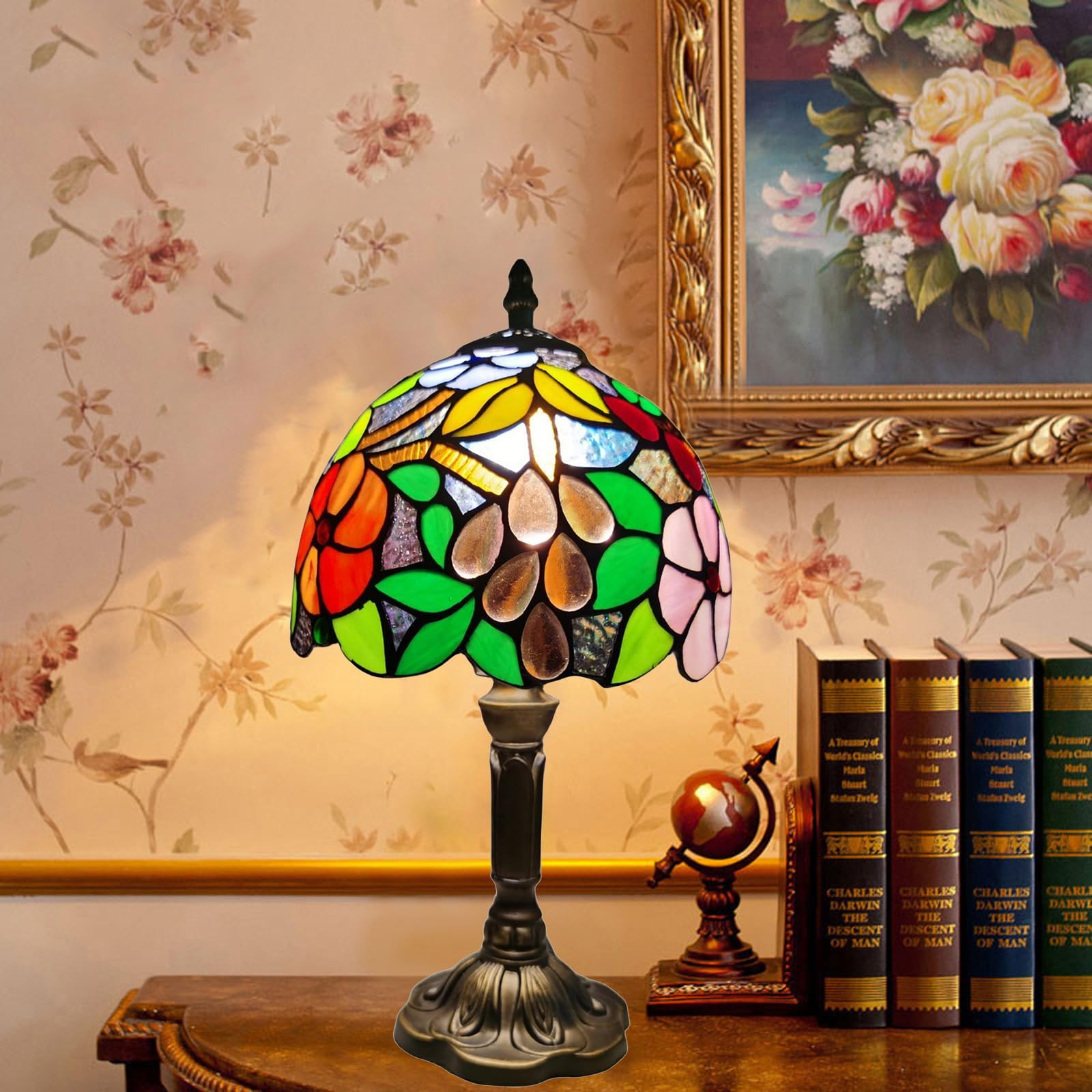 Tuomoxte Tiffany Style Table Lamp, 8 Inch Small Antique Lamp, Stained Glass Lamp, Flower And Grape Pattern, For Bedside Nightstand Bedroom Living Room Home Office, Include Led Bulb