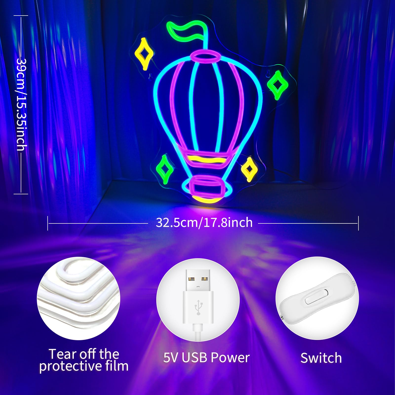 JEDAEMEN Hot Air Balloon Neon Sign LED Light Wall Decor 15.4 x 12.6 inches Blue Purple USB Powered