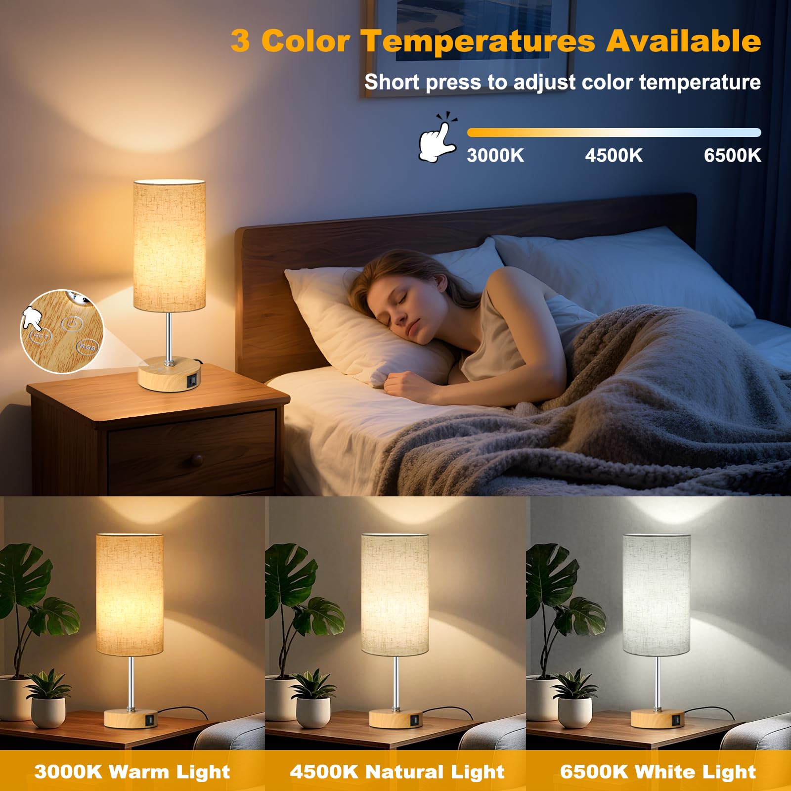 Unicozin Small Table Lamp, 3CCT & 7 RGB Color Changing, Dimmable, 14.5in, Beige - Wood Grain Base