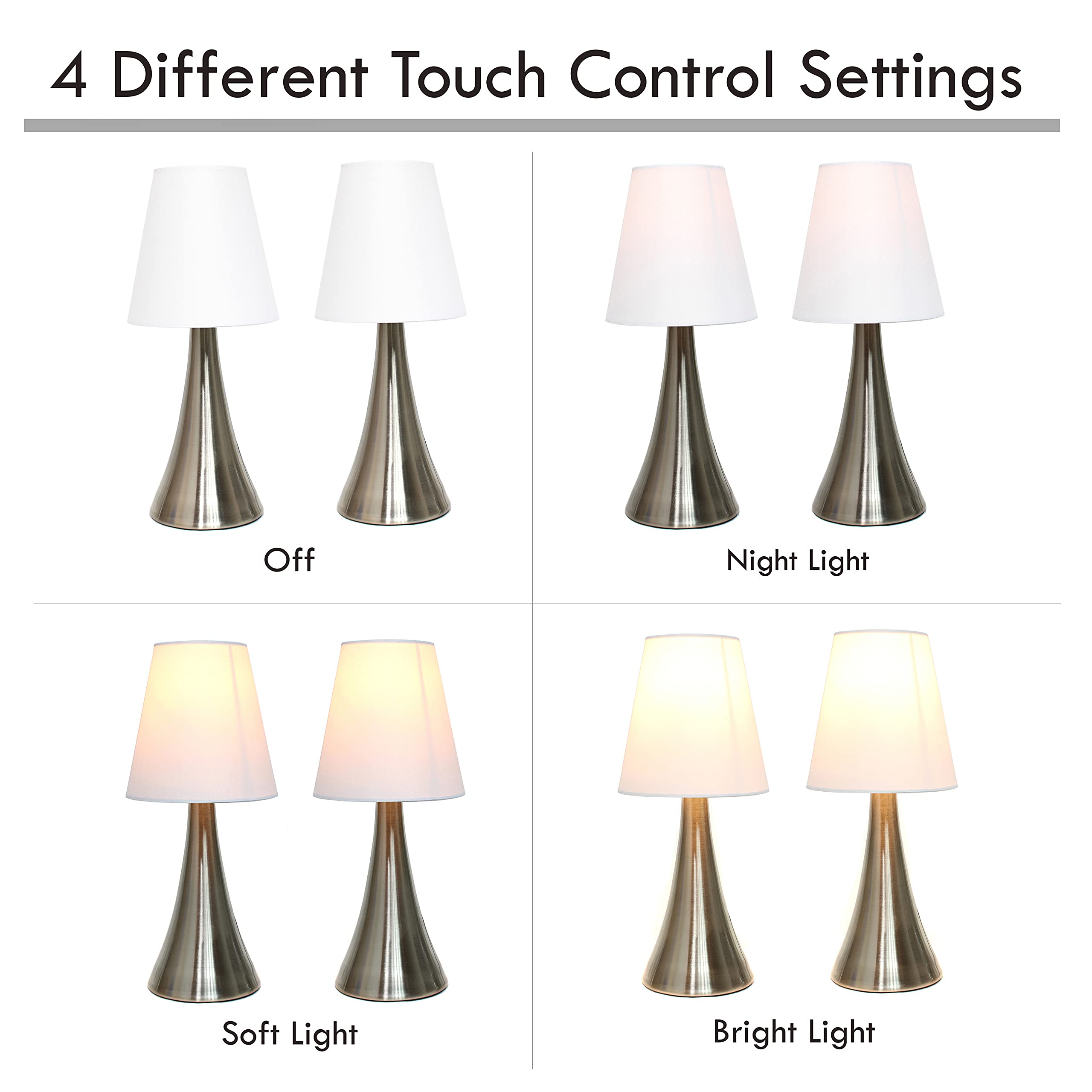 Simple Designs Lt2014-Wht-2Pk Brushed Nickel Mini Touch Table Lamps, Fabric Shades, Pack Of 2, White
