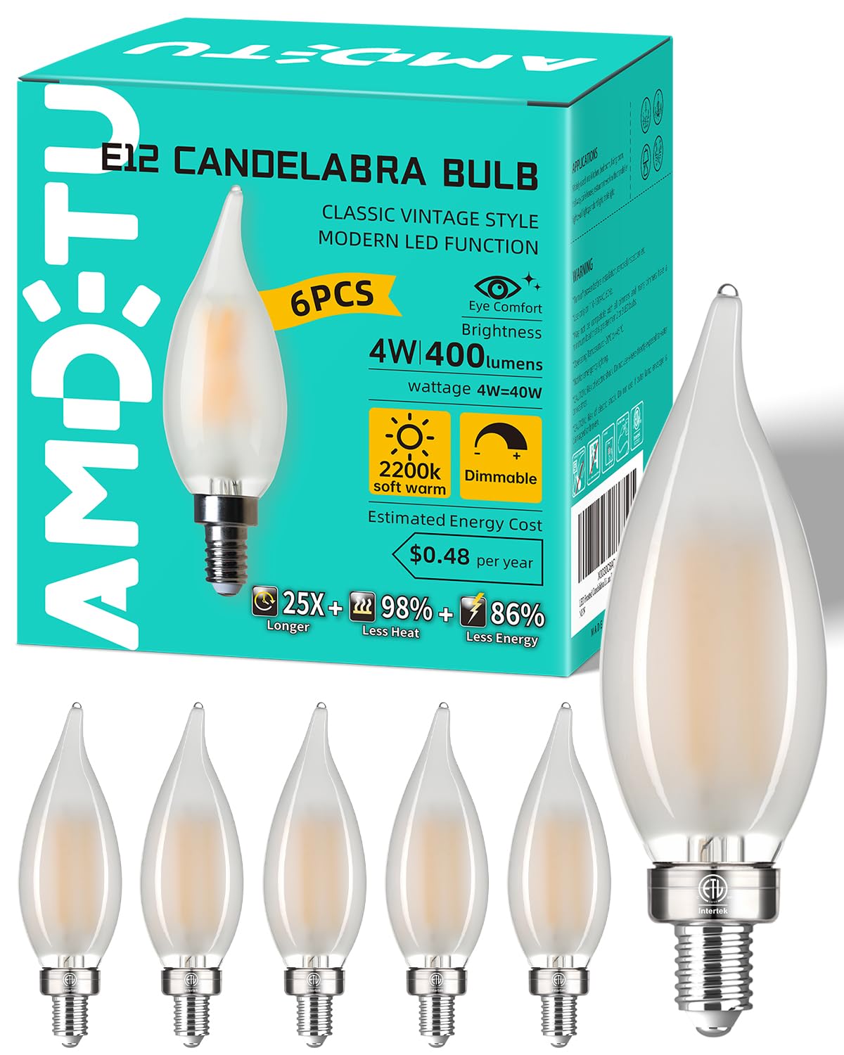 Amdtu E12 Type C 2200K 40 Watt Equivalent Frosted Led Bulb Candelabra Candle Dimmable Small Base Chandelier Light Ideal For Dini