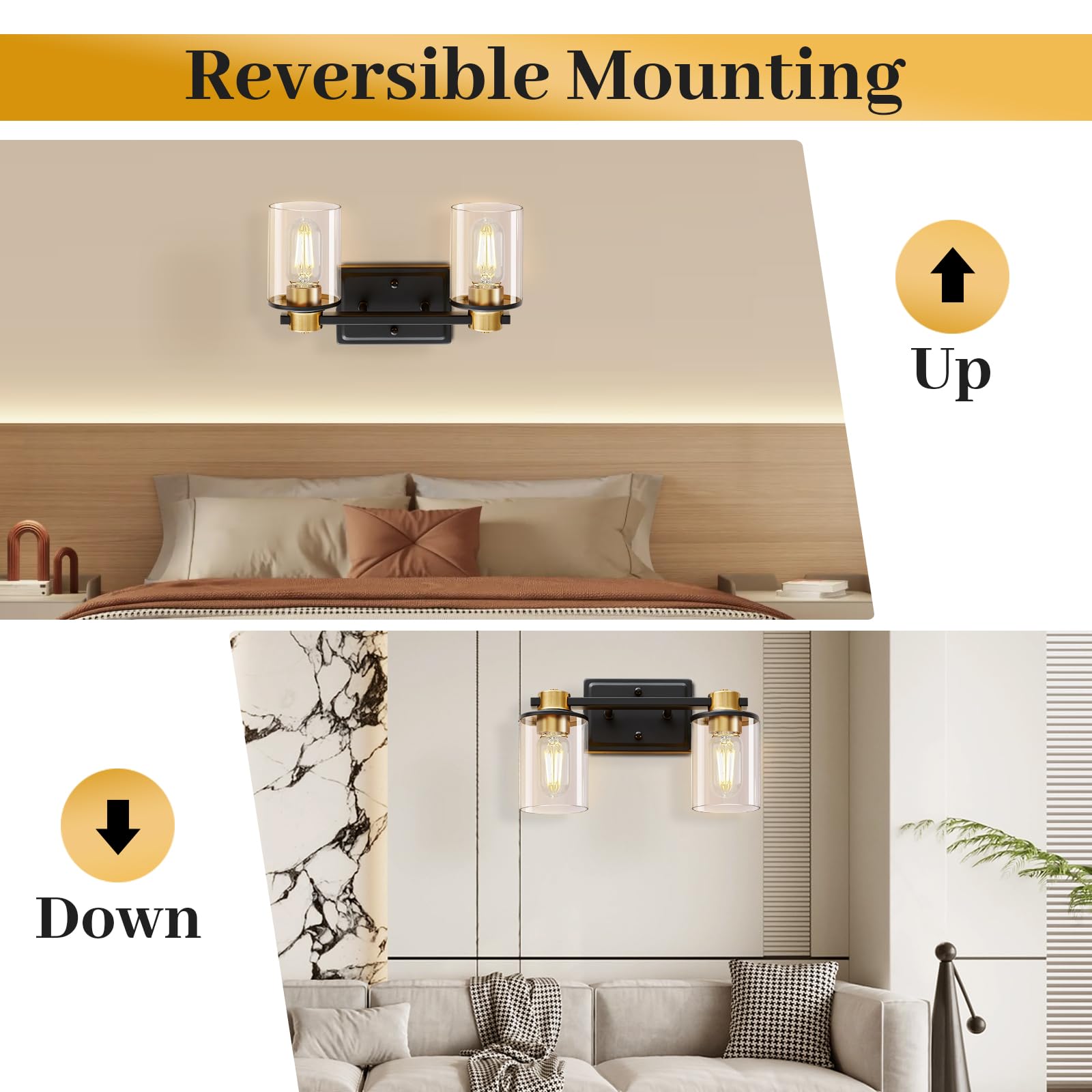 SANGFOR Bathroom Light Fixture, Modern Gold & Black Vanity Light, Clear Glass Shade, Metal Frame, E26 Base, Size M