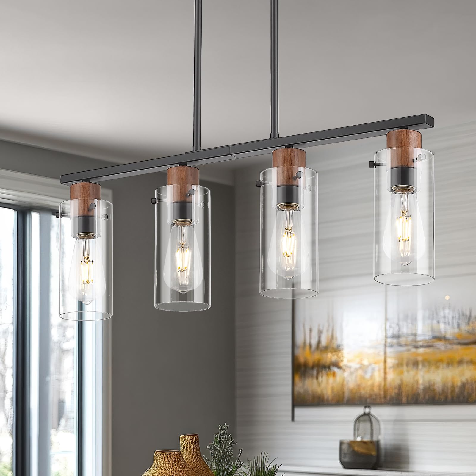 Emak 4-Light Kitchen Island Lighting, Black Dining Room Light Fixture with Clear Glass Shade, Wood Grain Painted, Modern Farmhou