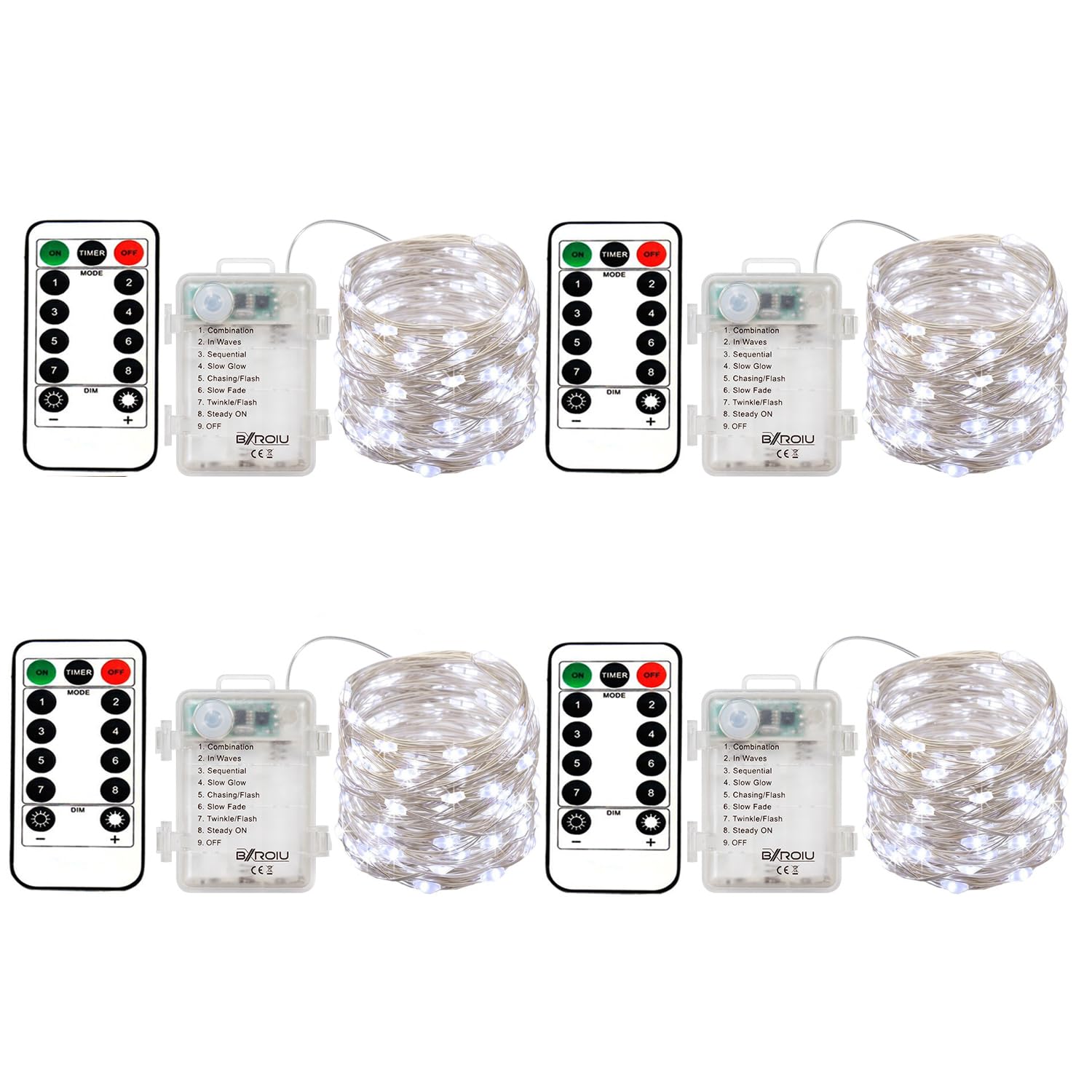 4 x Fairy Lights Battery Operated  Silver Wire Chains 8 Mode 5M 50 LEDs Timer String Lights with Remote Control for Bedroom Christmas Party Wedding Decoration