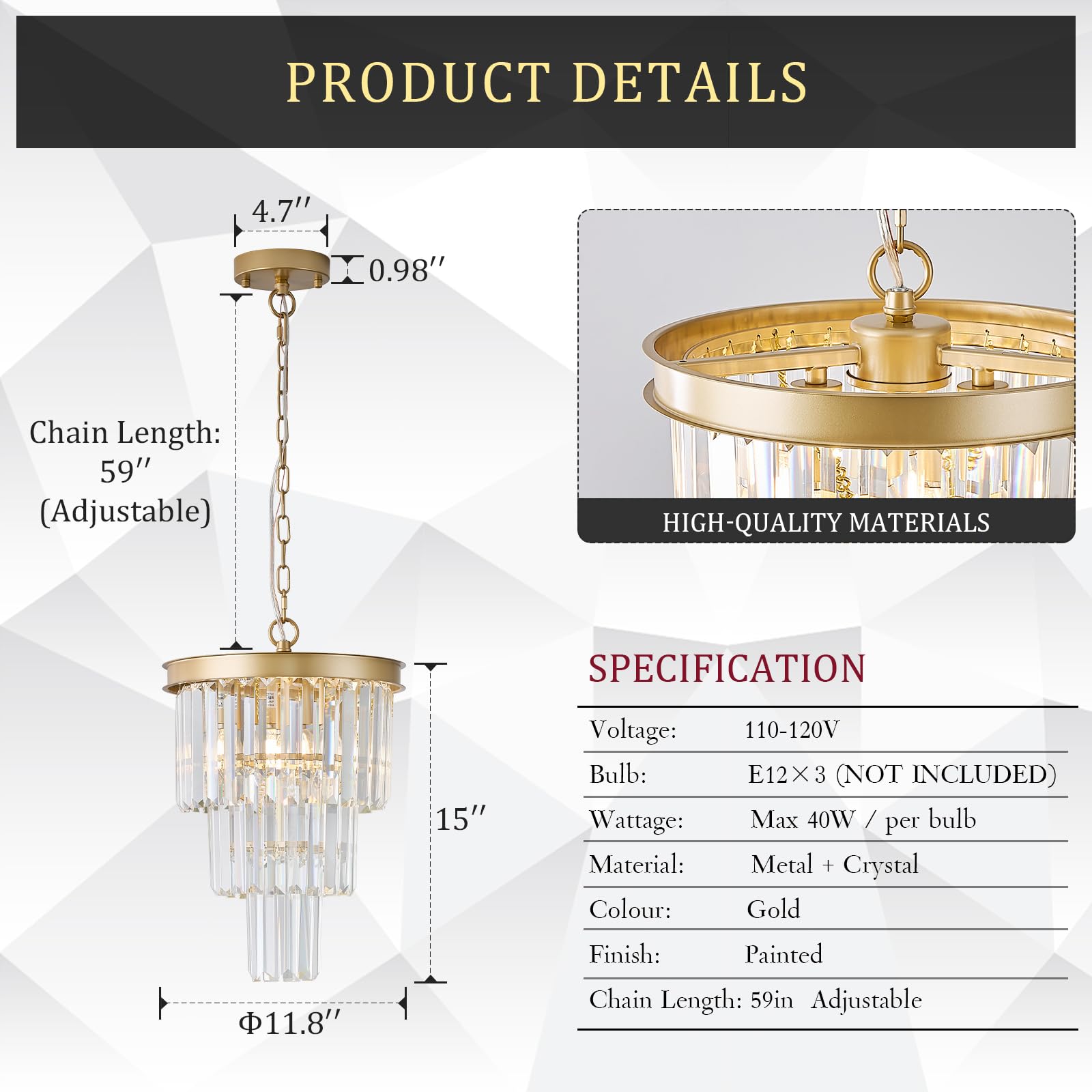 Catiner Modern Crystal Pendant Light For Kitchen Island, Mini Gold Crystal Light Fixture Luxury For Dining Room, K9 Ceiling Pend