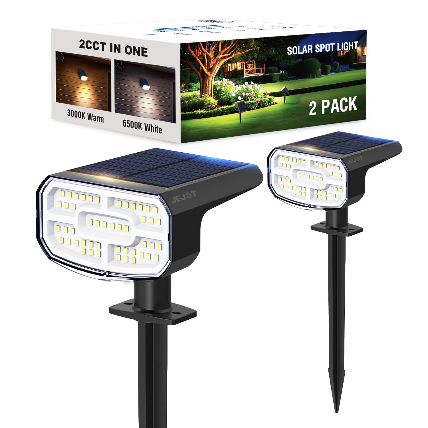 Jejot Solar Lights Outdoor Waterproof Ip65  Super Bright Led  2Cct 4 Lighting Modes 3000K/6500K Selectable  Solar Powered Yard Garden Solar Spot Lights For Outside Landscape Auto On/Off -2 Pack