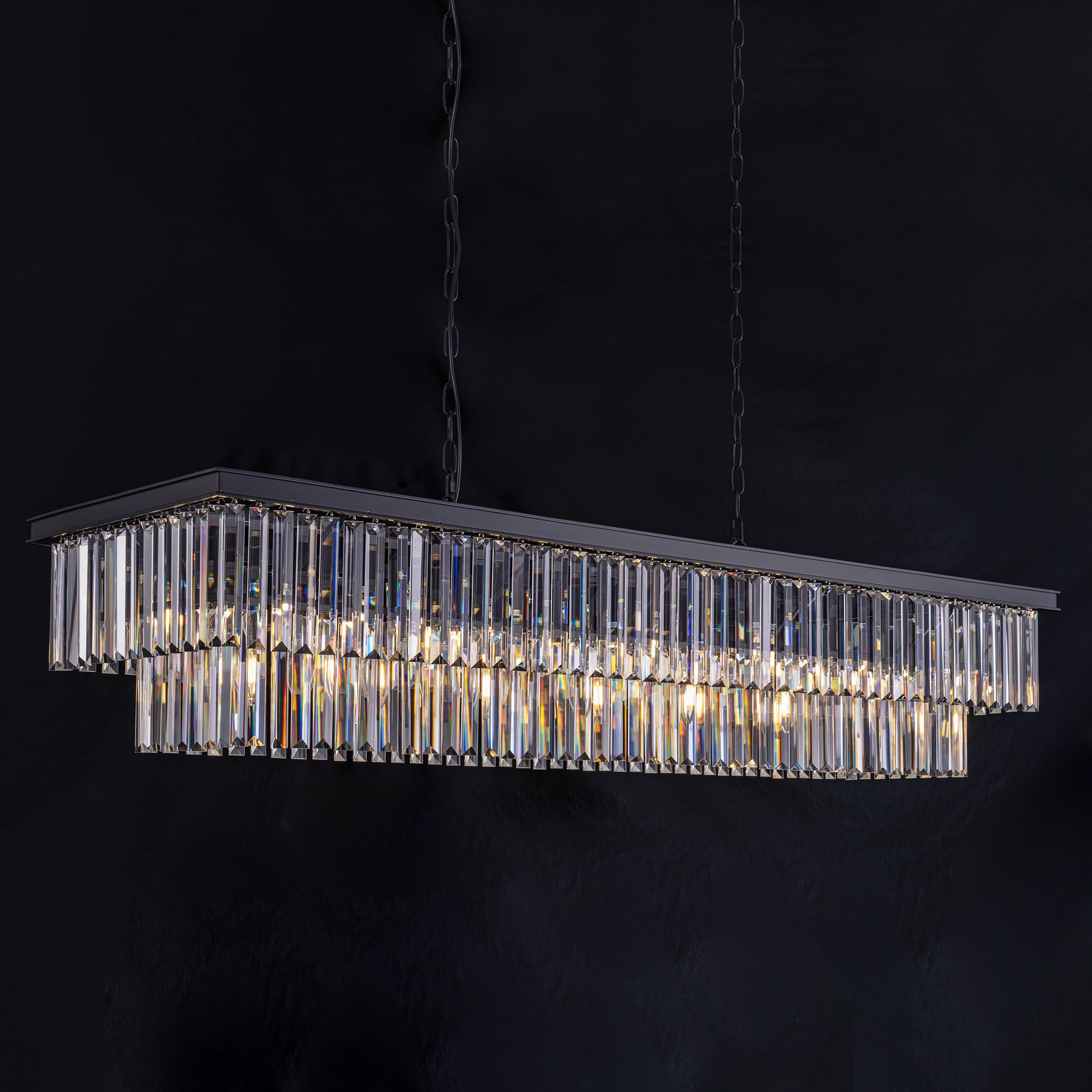 Wellmet Crystal Chandelier, 57 Inch 13-Light Black Chandelier For Dining Room Light Fixture Ceiling Hanging, Modern Rectangular 