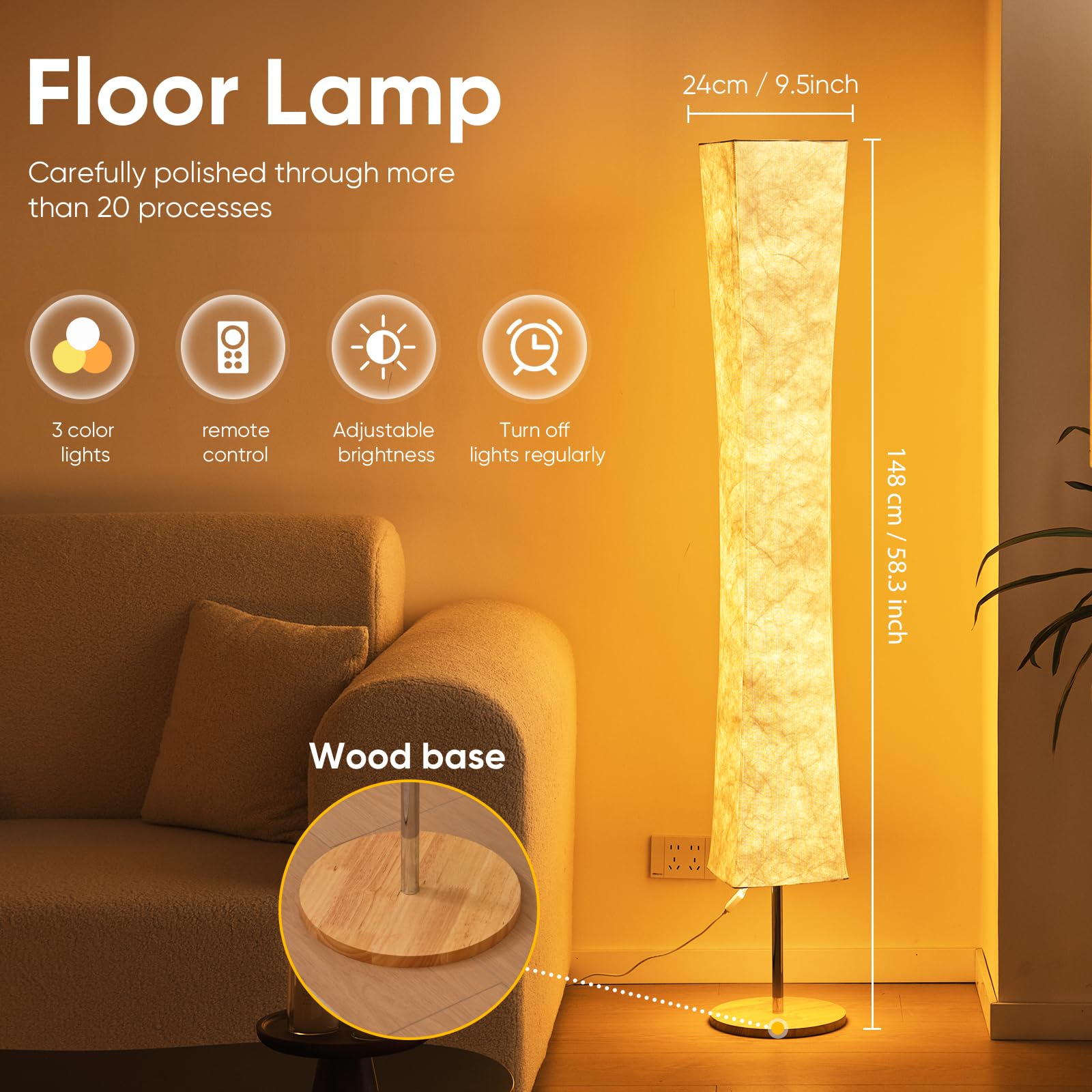 Soft Light Floor Lamp, 58 inch Simple Design Morden 3 Color Lighting Remote Control LED lamp with Tyvek Fabric Shade,Brightness