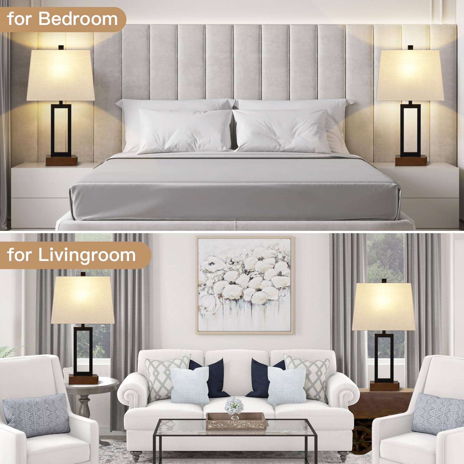 Rinweey 23.5" Table Lamps Set Of 2, Modern Black Bedside Lamps With 2 Usb Ports & Ac Outlet, Contemporary Nightstand Lamps With Wood Base For Bedroom Living Room(Led Bulb Included)