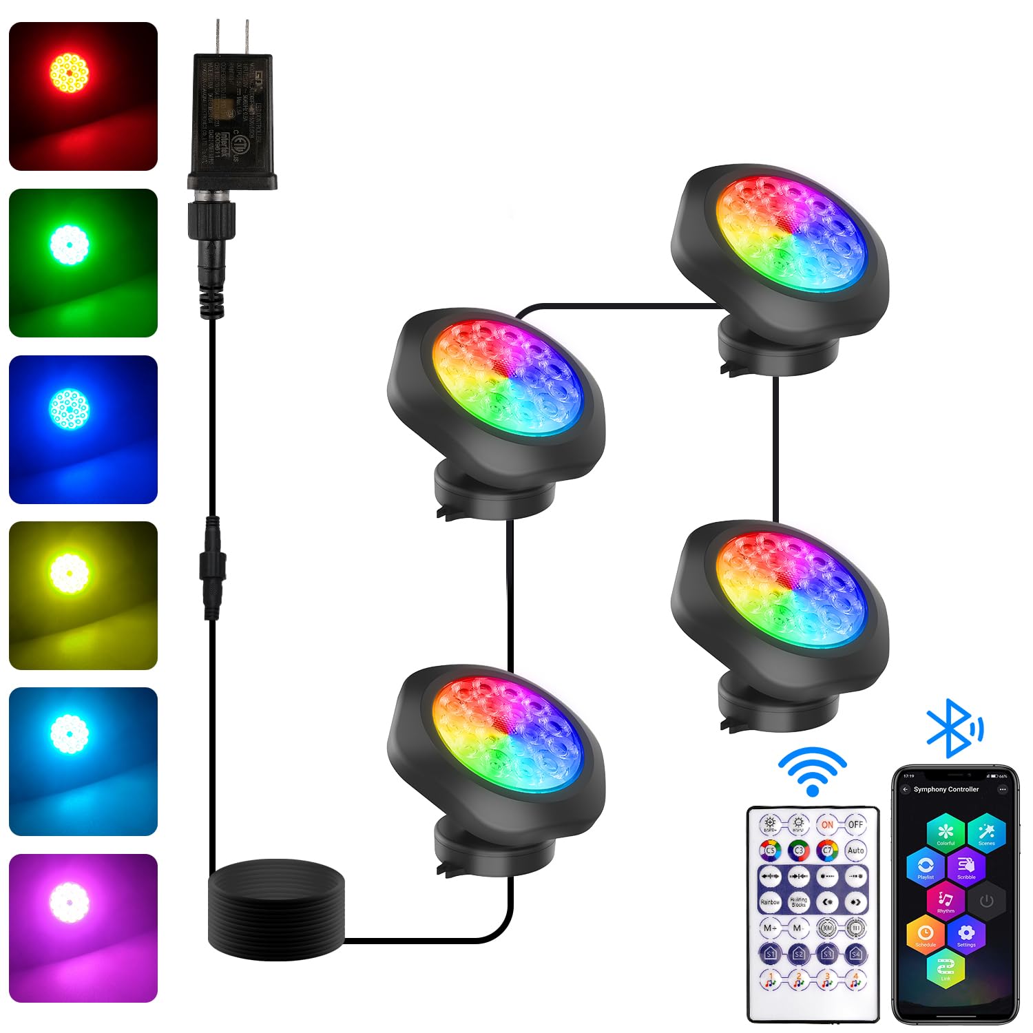 T-SUN Colored Pond Lights with APP and Remote Control - Bright LED Underwater Submersible Fountain Lights, IP68 Waterproof Lands