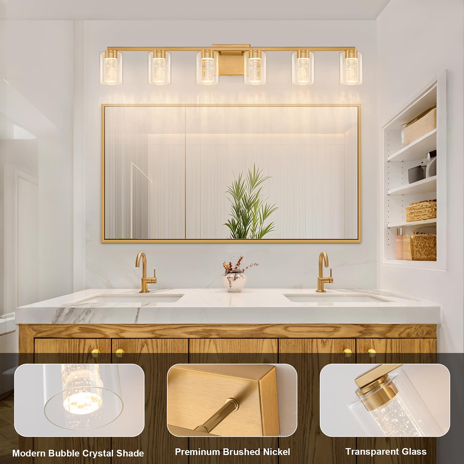 SineRise 6-Light Gold Vanity Light, Dimmable LED Bathroom Fixture, Eye Protection, 3000K/4000K/6000K, Model 44852ac9