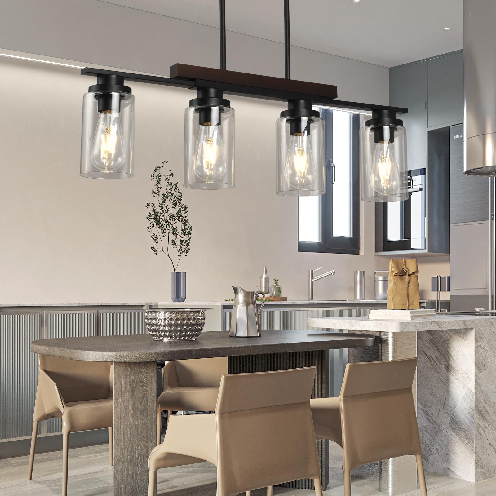 NOVCAND Pendant Lights Kitchen Island  4-Light Farmhouse Chandeliers for Dining Room  Black Linear Chandelier with Clear Glass Shades  Modern Rustic Wood Chandelier with Adjustable Height