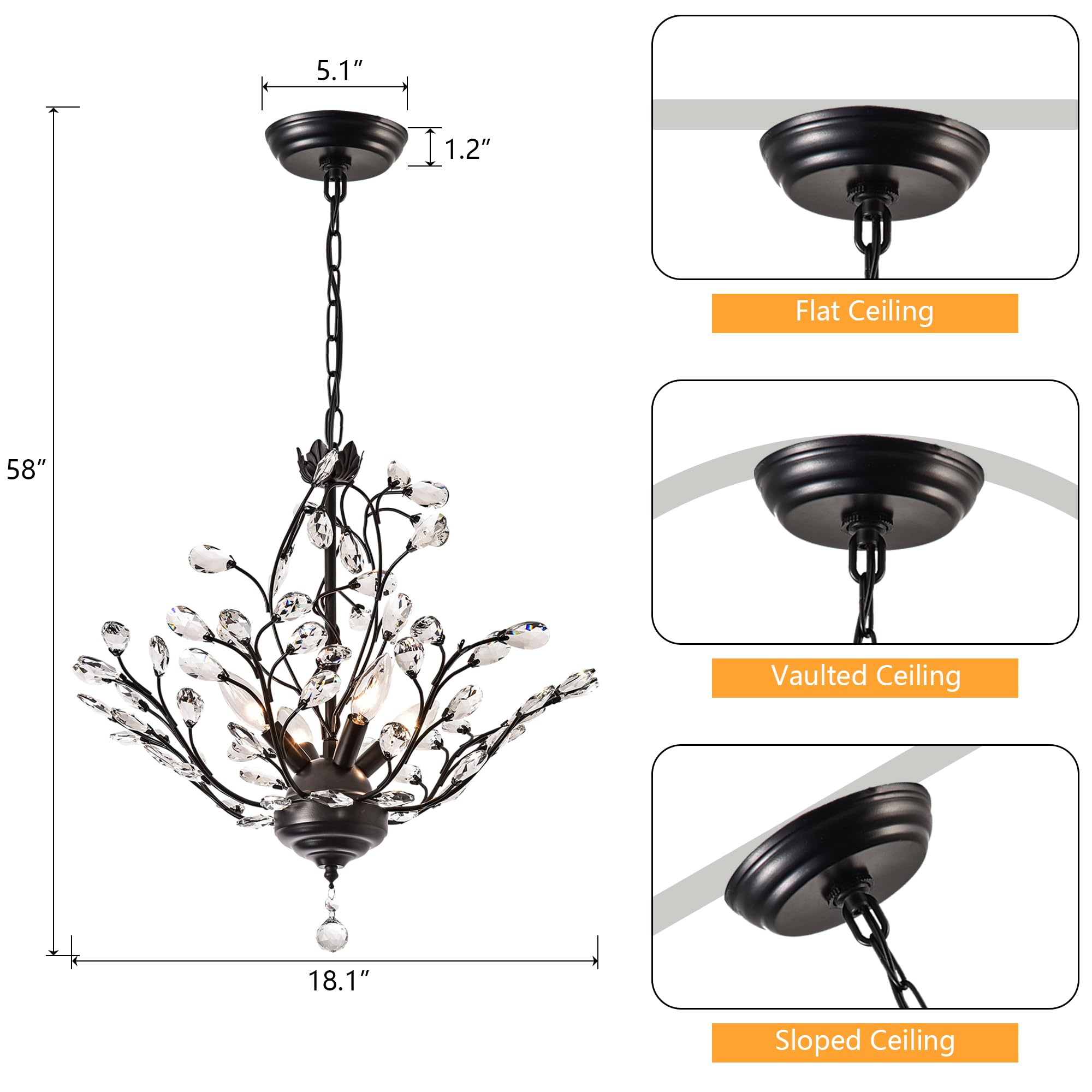 Maxax 4-Light Vintage Crystal Branch Chandelier, Black Metal Pendant Light for Dining Room, Living Room, Bedroom, Model 19046