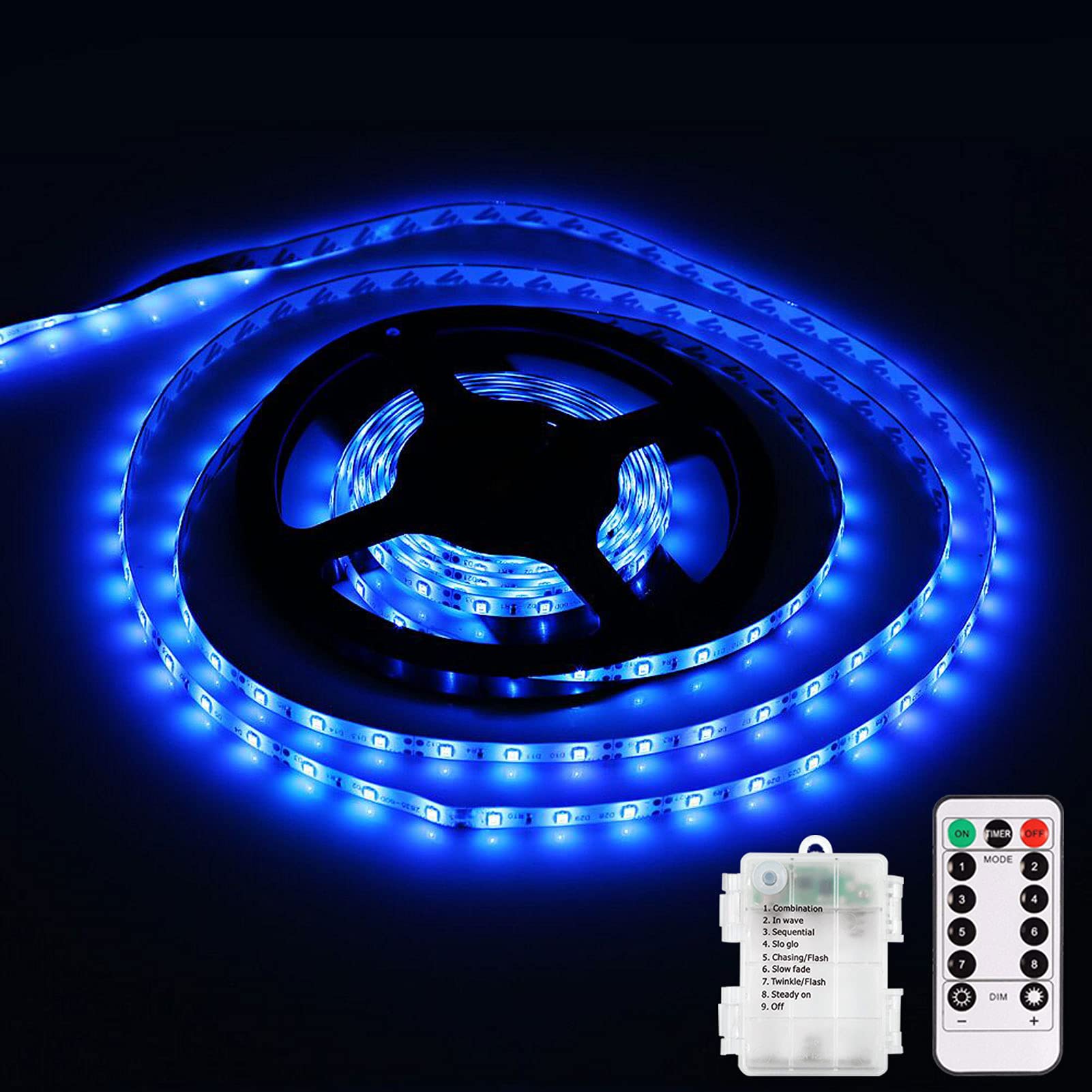 SMART DIRECT LED Strip Lights, 9.8ft, 90 LEDs, Battery Operated, Waterproof, Remote Control, Dimmable, Blue