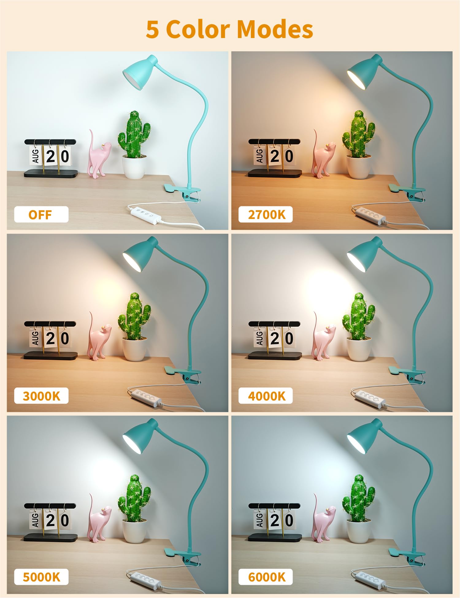 BOHON Desk Lamp with Clamp, 10W LED, 3 Color Modes, 10 Brightness Levels, Flexible Gooseneck, Teal, Model CDL10WT