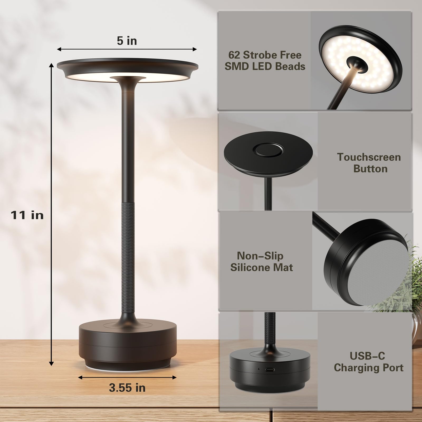 Ztflos Led Cordless Table Lamp,Rechargeable Battery Operated 3 Levels Brightness With Memory Function Ip54 Waterproof Portable L