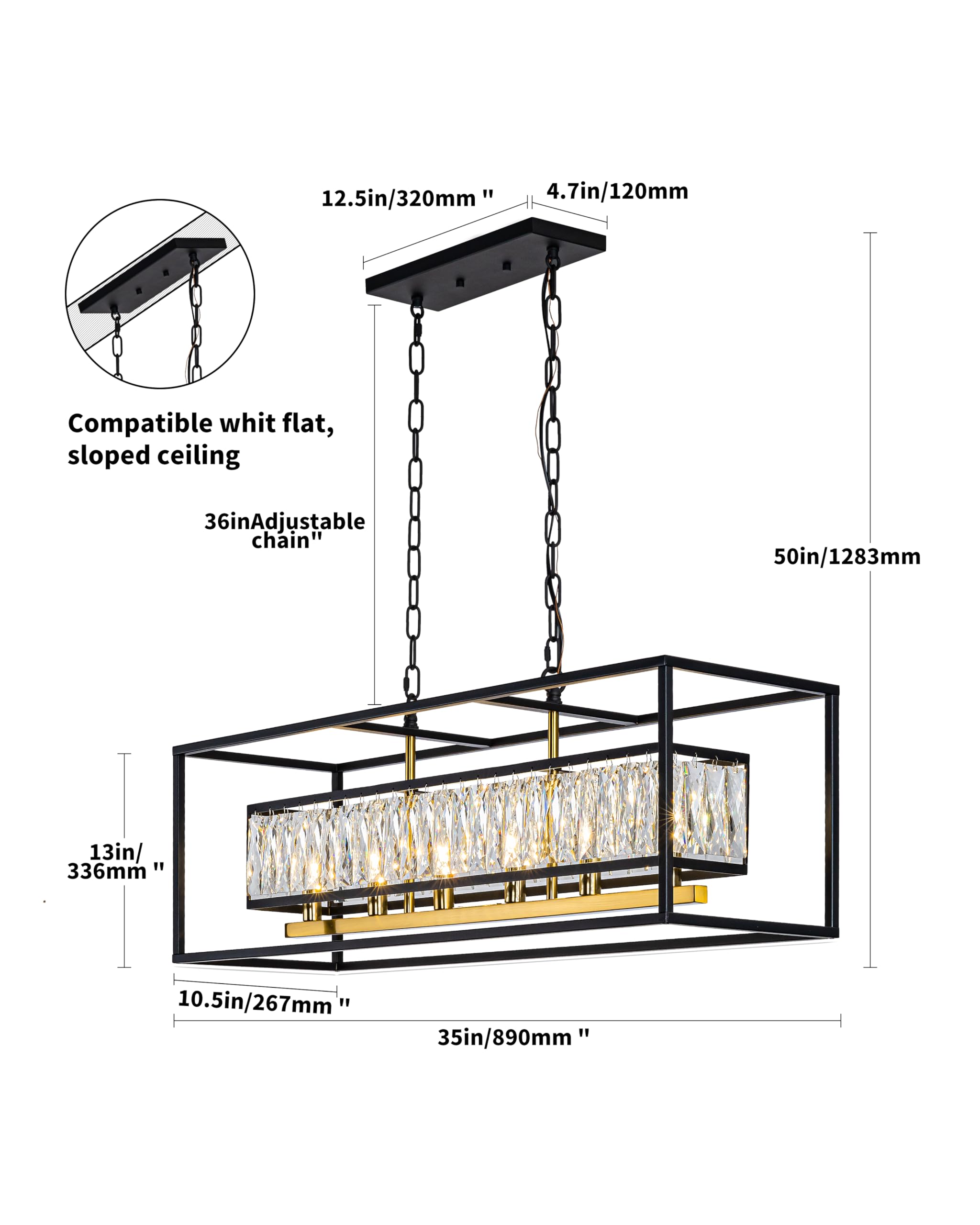 Vezzio Modern Farmhouse 6-Light Crystal Chandelier, Black & Satin Brass, Rectangular Pendant Light for Dining Room and Kitchen Island