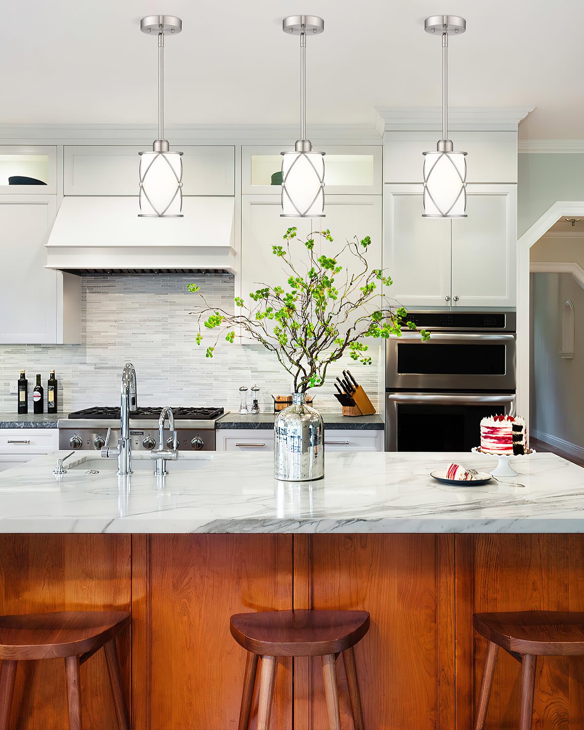 Osimir Brushed Nickel Pendant Lights, 2 Pack Frosted White Glass, Cylindrical Hanging Fixtures for Kitchen Island & Dining Room