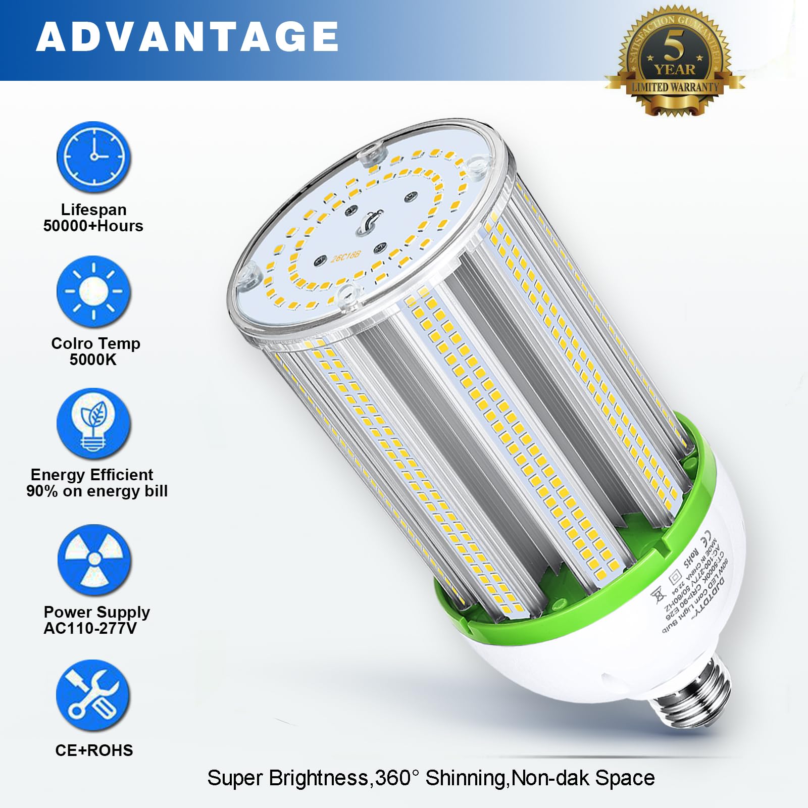 Djdtdty Amazon High Brightness 80W Led Corn Light Bulb, E26 E39 Base Led Corn Lamp, 10400 Lumen 5000K Daylight 100V~277V Corn Co