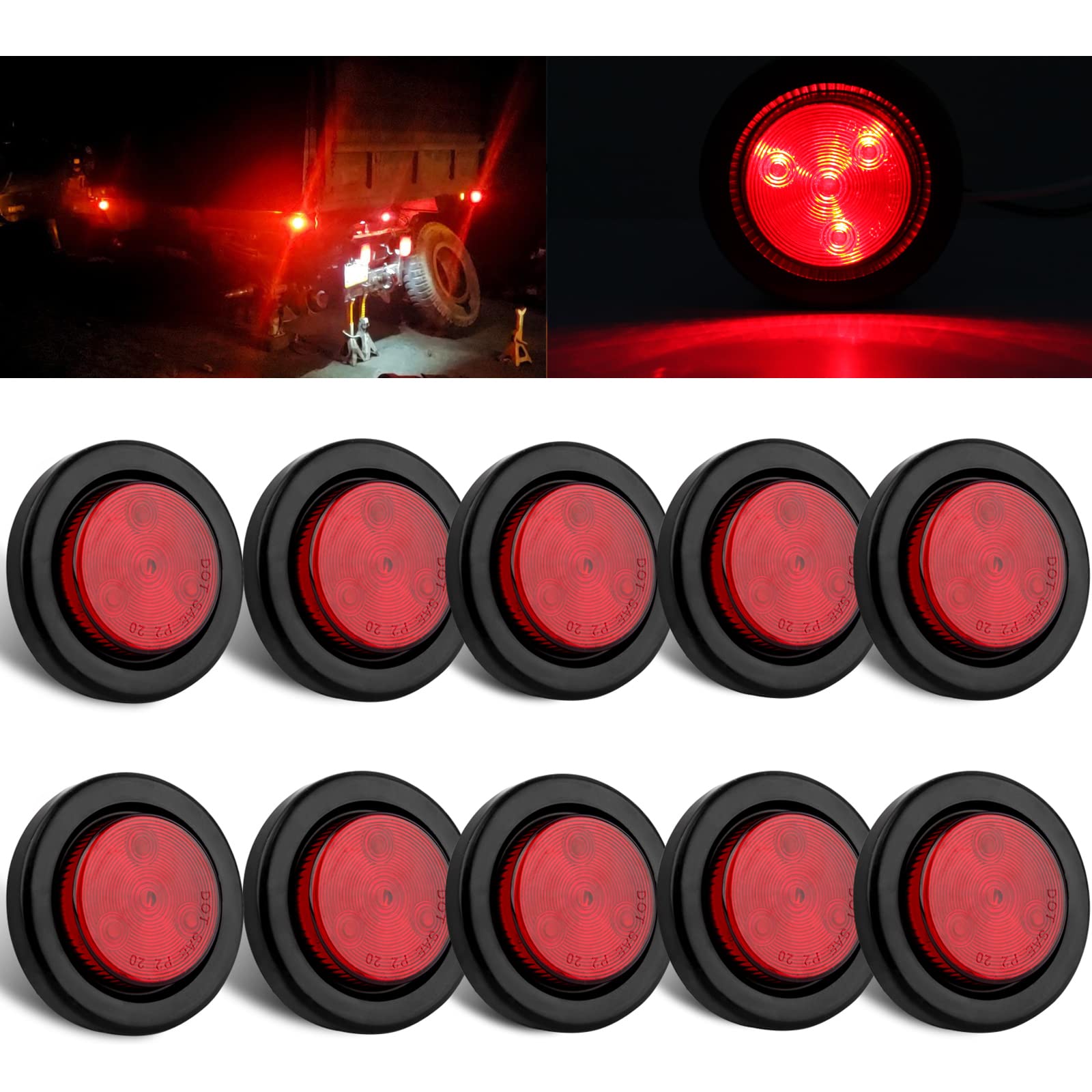 10Pcs 2 Inch Round Red Led Trailer Side Marker Clearance Lights, Sealed 2'' Round Led Trailer Marker Lights Red 4 Leds W/Rubber