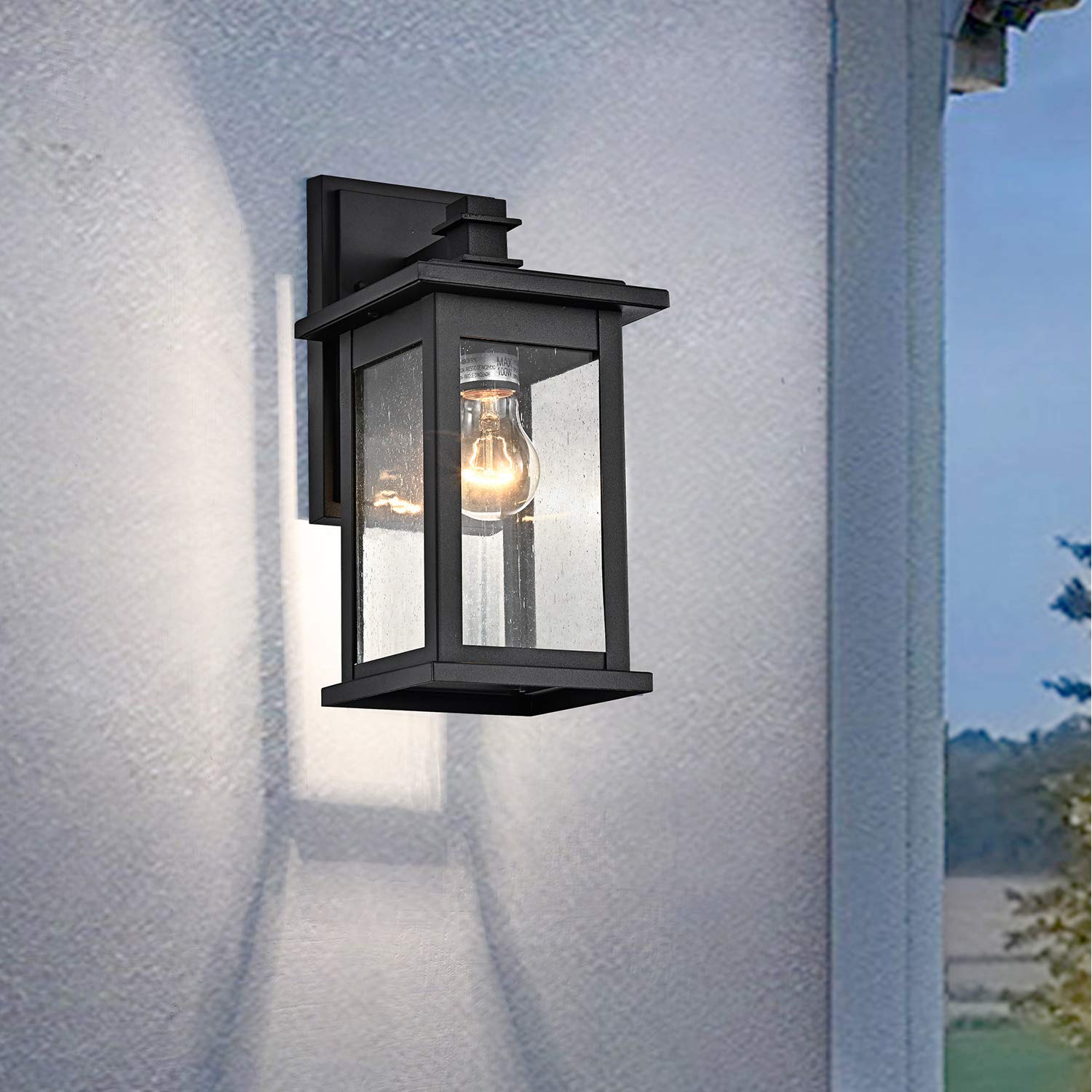 MICSIU Outdoor Wall Sconce, 12in Black Metal Light Fixture, 2 Pack with Clear Seedy Glass, Model A19008