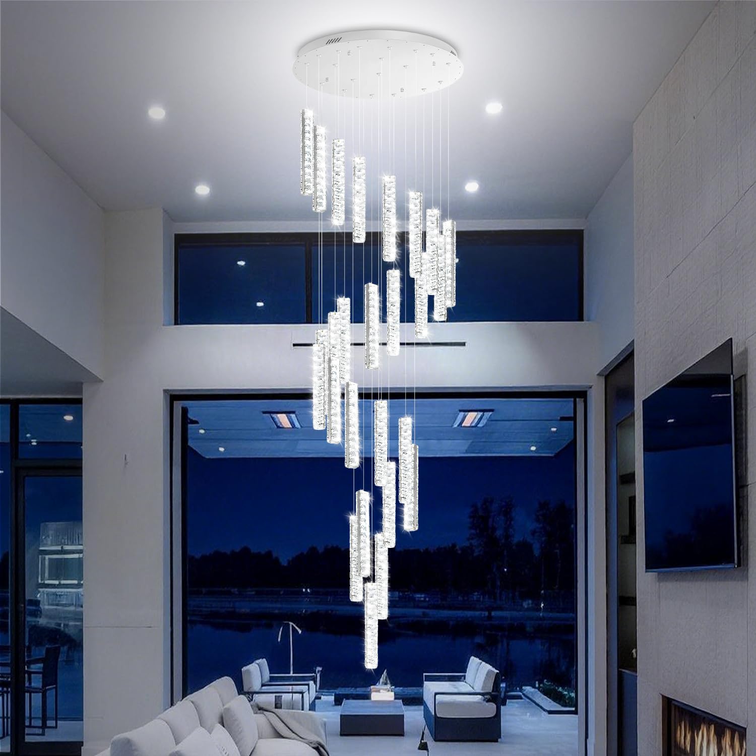IDEQUY Large Staircase Chandelier 130inch Long Spiral Crystal Chandelier for High Ceiling Foyer Entrance 25-Lights Silver LED Di