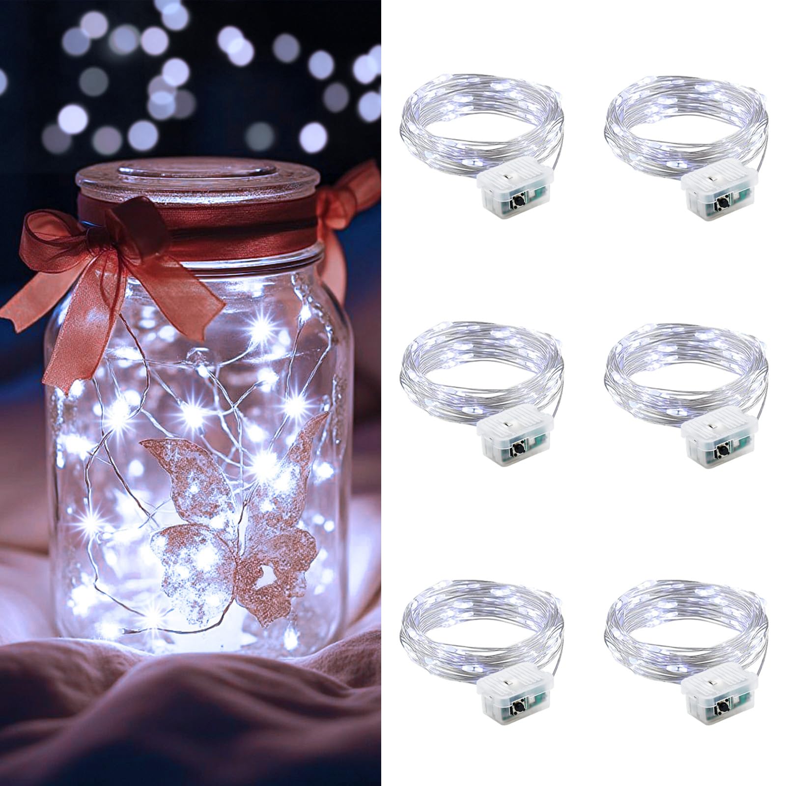 AIKEI 6 Pack LED Fairy Lights Battery Operated  Mini String Lights Waterproof 7 Feet 20 Led Firefly Starry Lamps 3 Working Modes for Wedding Party Bedroom Garden Halloween Christmas Decoration White