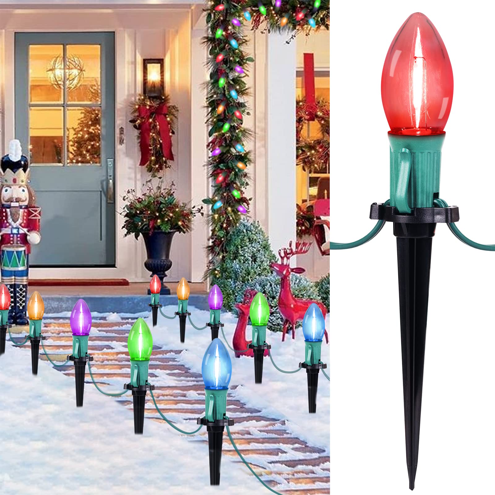 C9 Christmas String Lights Outdoor - 25.7 Feet 20 LED Christmas Pathway Lights with 20 Stakes Connectable Waterproof for Drivewa