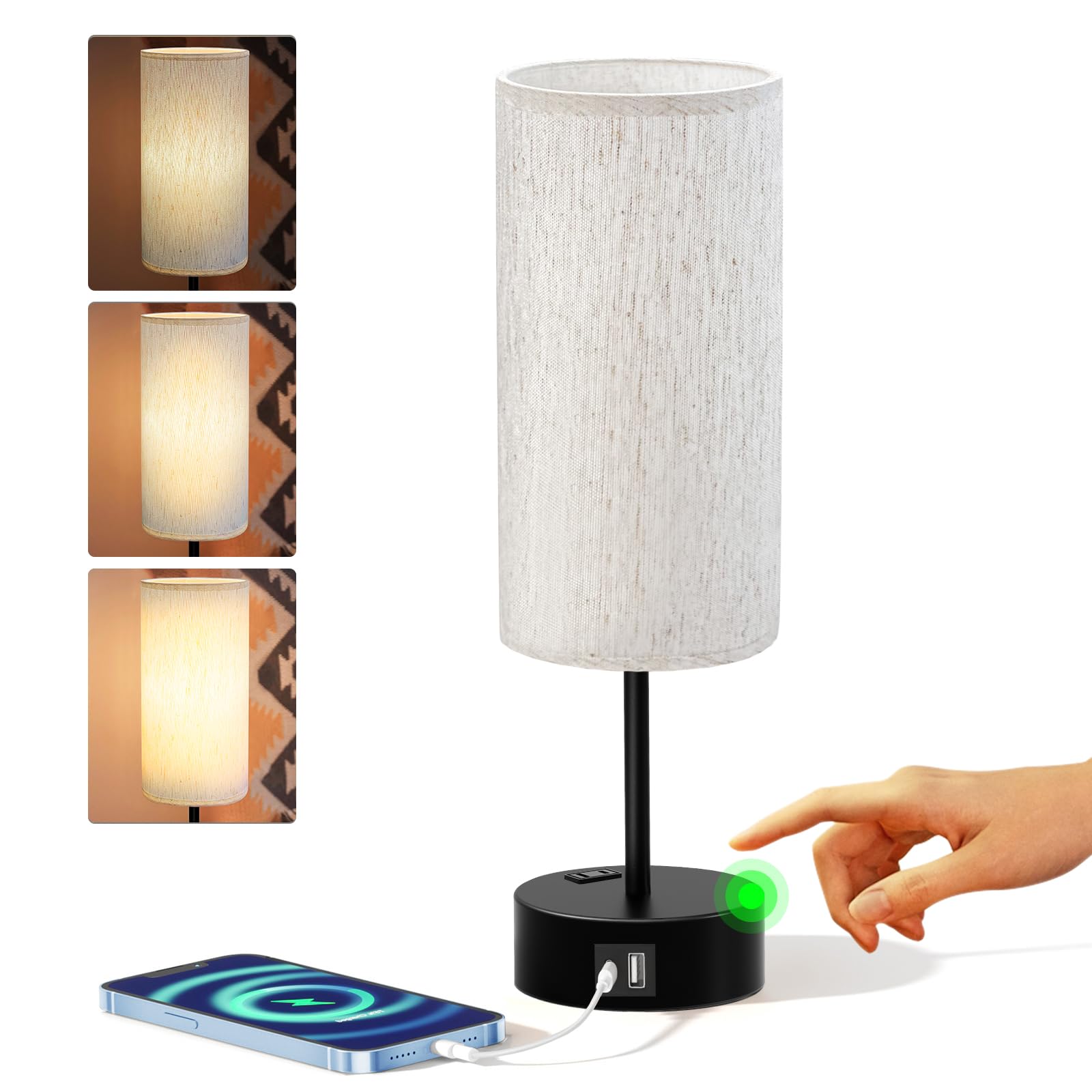 KPQ Touch Control Table Lamp with USB A+C Ports, 3-Way Dimmable, 14in Small Size, Beige Shade-Black Base
