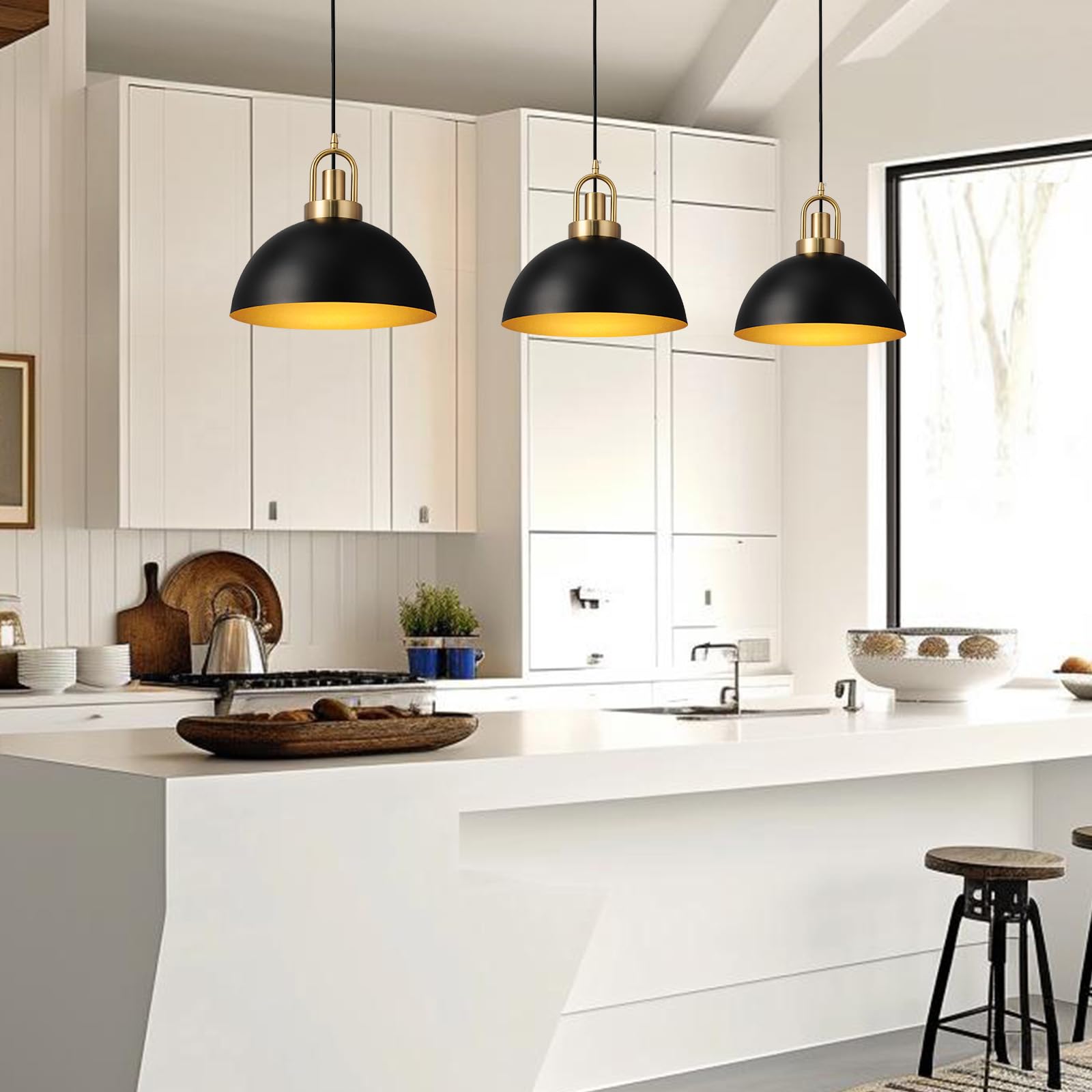 Eustace 13.7'' Matte Black And Gold Farmhouse Pendant Light, Adjustable Hanging Lamp,Industrial Ceiling Lights Fixture For Kitch