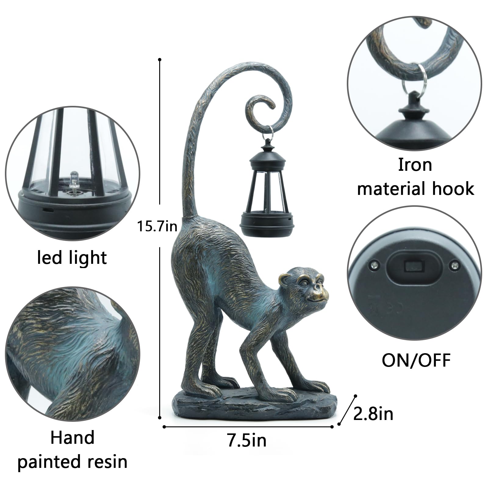 IVCOOLE Resin Monkey Statue with Solar Light - Large Bronze Garden Decor, Model IVCOOLE -002