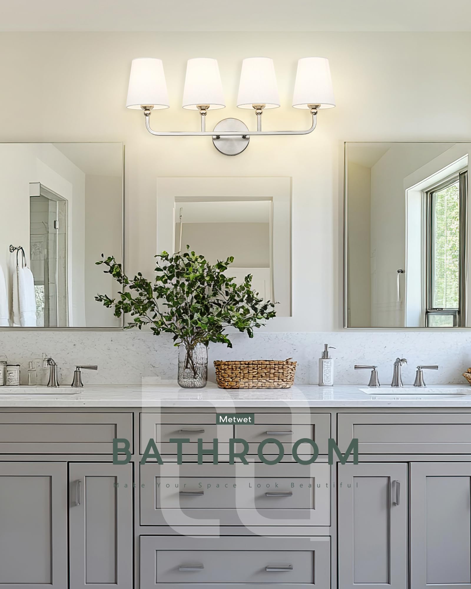 Metwet Bathroom Light Fixtures, 4 Light Vanity Lights With Flared White Fabric Shade, 28 Inch Brushed Nickel Wall Sconce, Modern